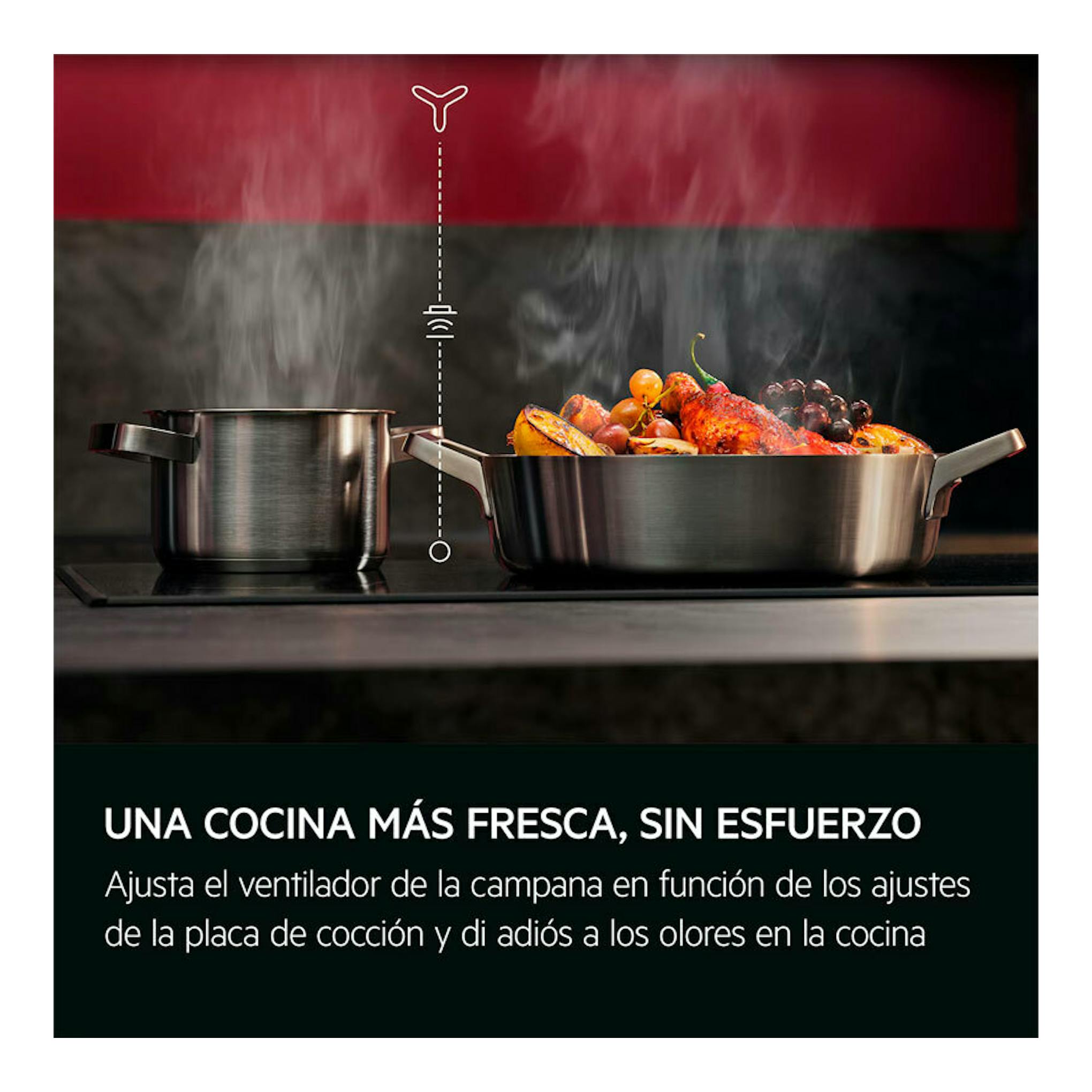 Imagen promocional de la campana integrable AEG GDE686HM 60 cm, con dos ollas y vapor sobre una placa.