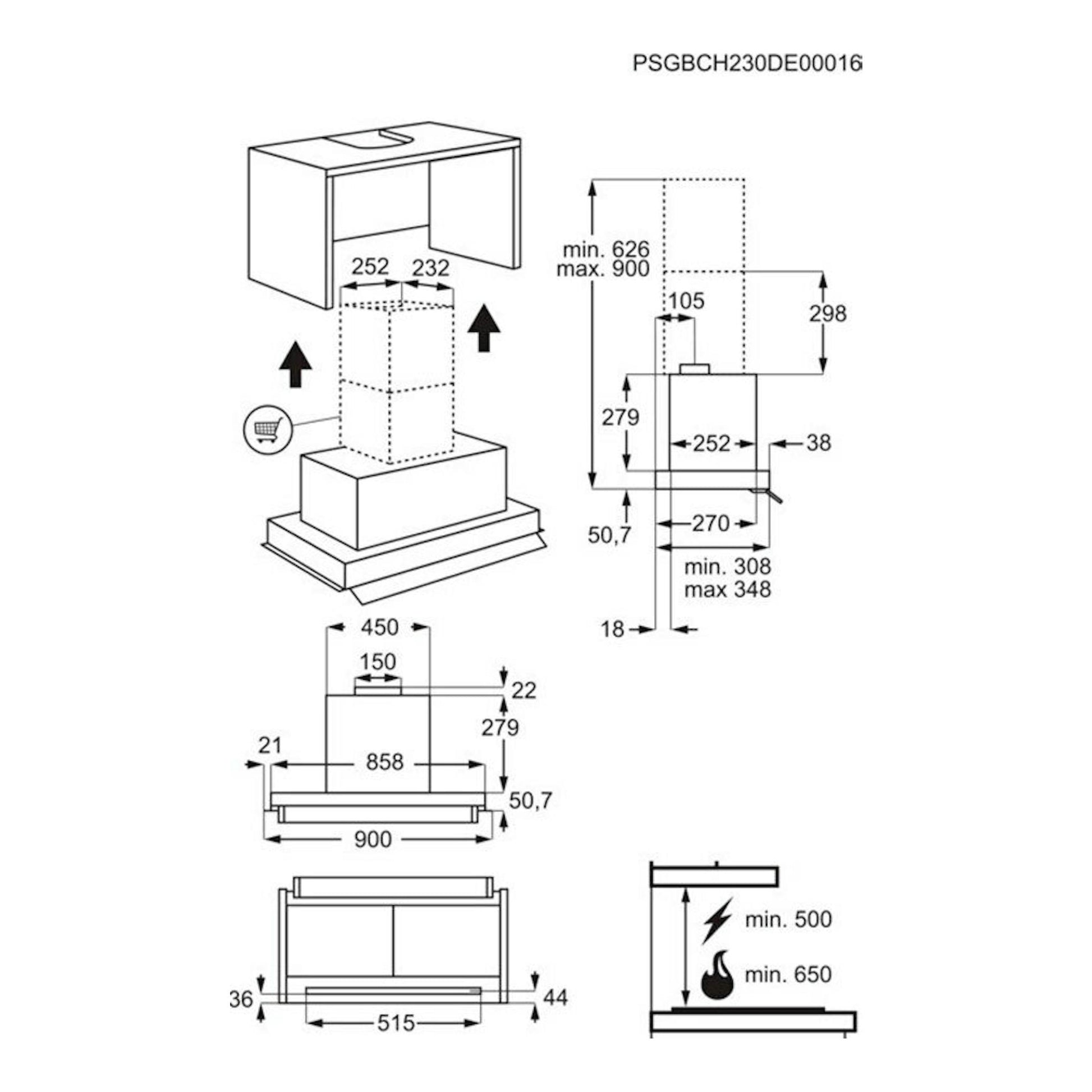 AEG GDE689HM, campana integrable de 90 cm, esquema técnico de instalación con cotas y medidas.