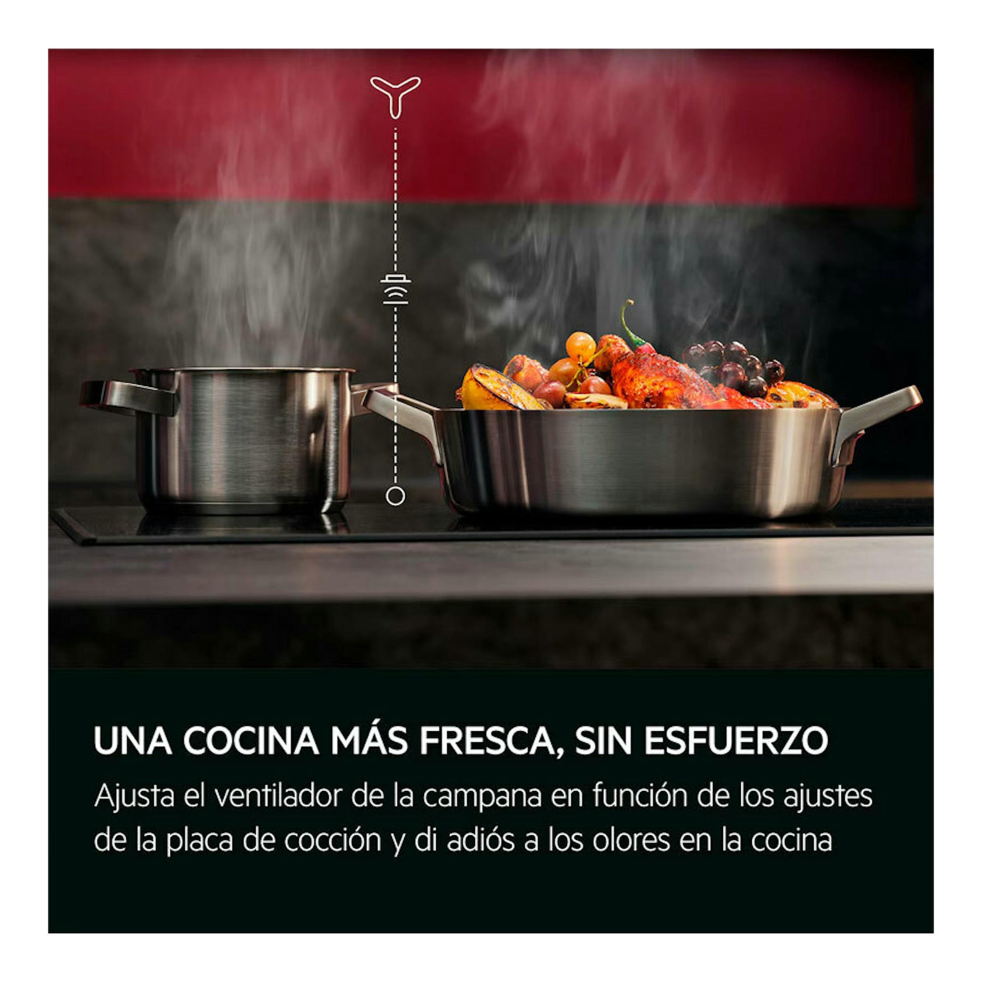 AEG GDE689HM: dos ollas de acero sobre placa con vapor, en una cocina oscura, vista frontal.