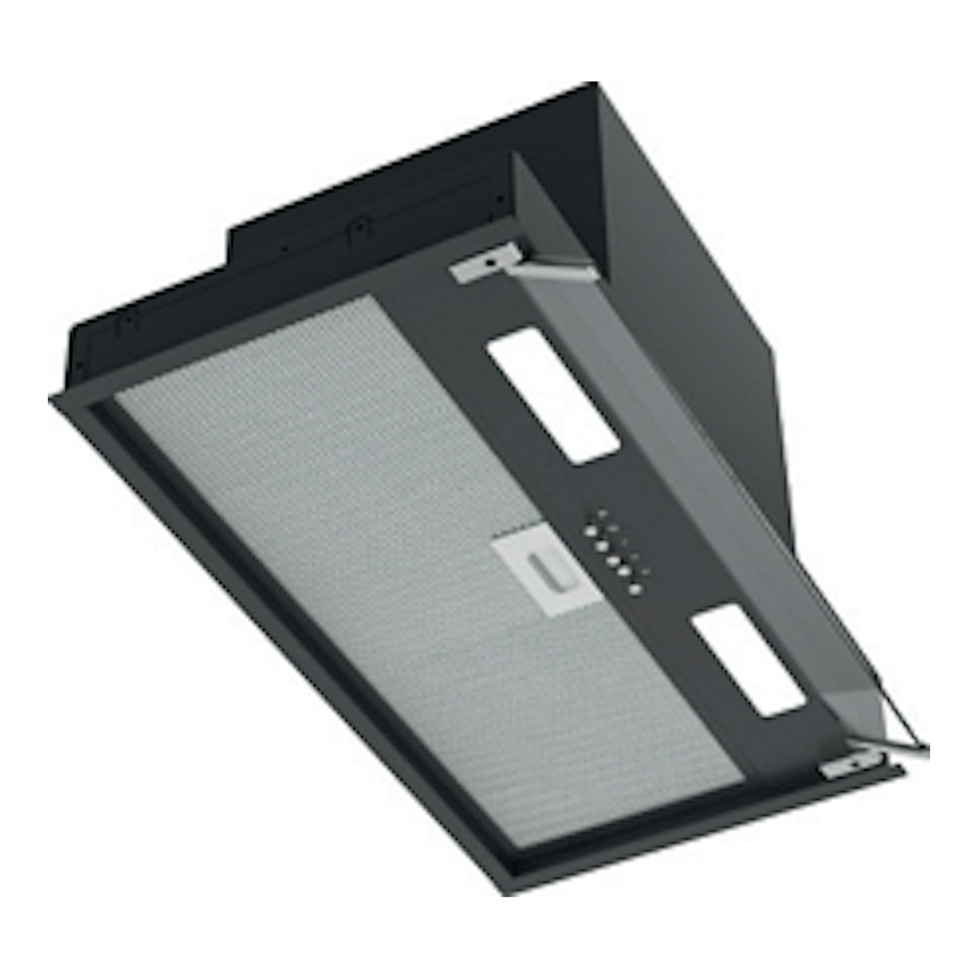 Campana integrable Cata ARMONIA 60 BK negra, vista inferior en ángulo, con panel metálico y luces LED.