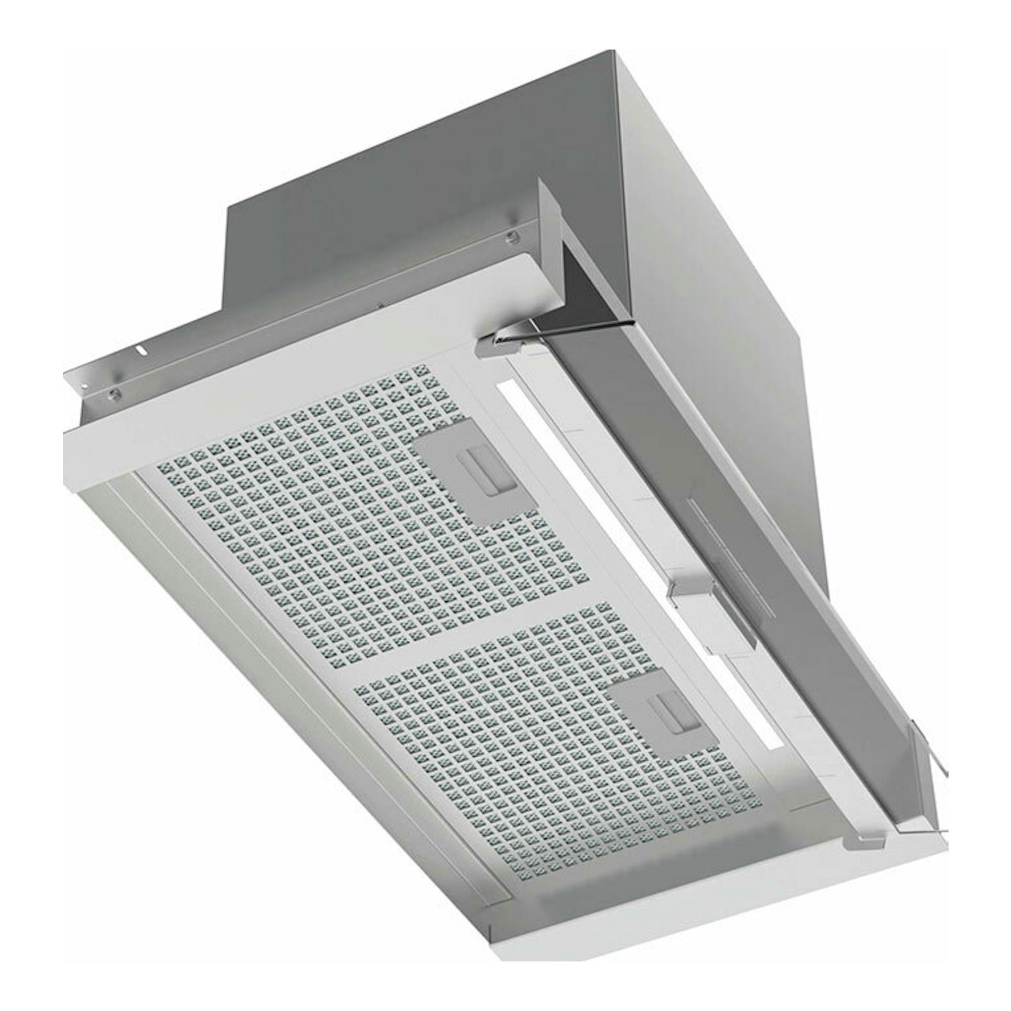 Campana integrable Cata Arona 60X inox, vista inferior en ángulo, con filtros metálicos.
