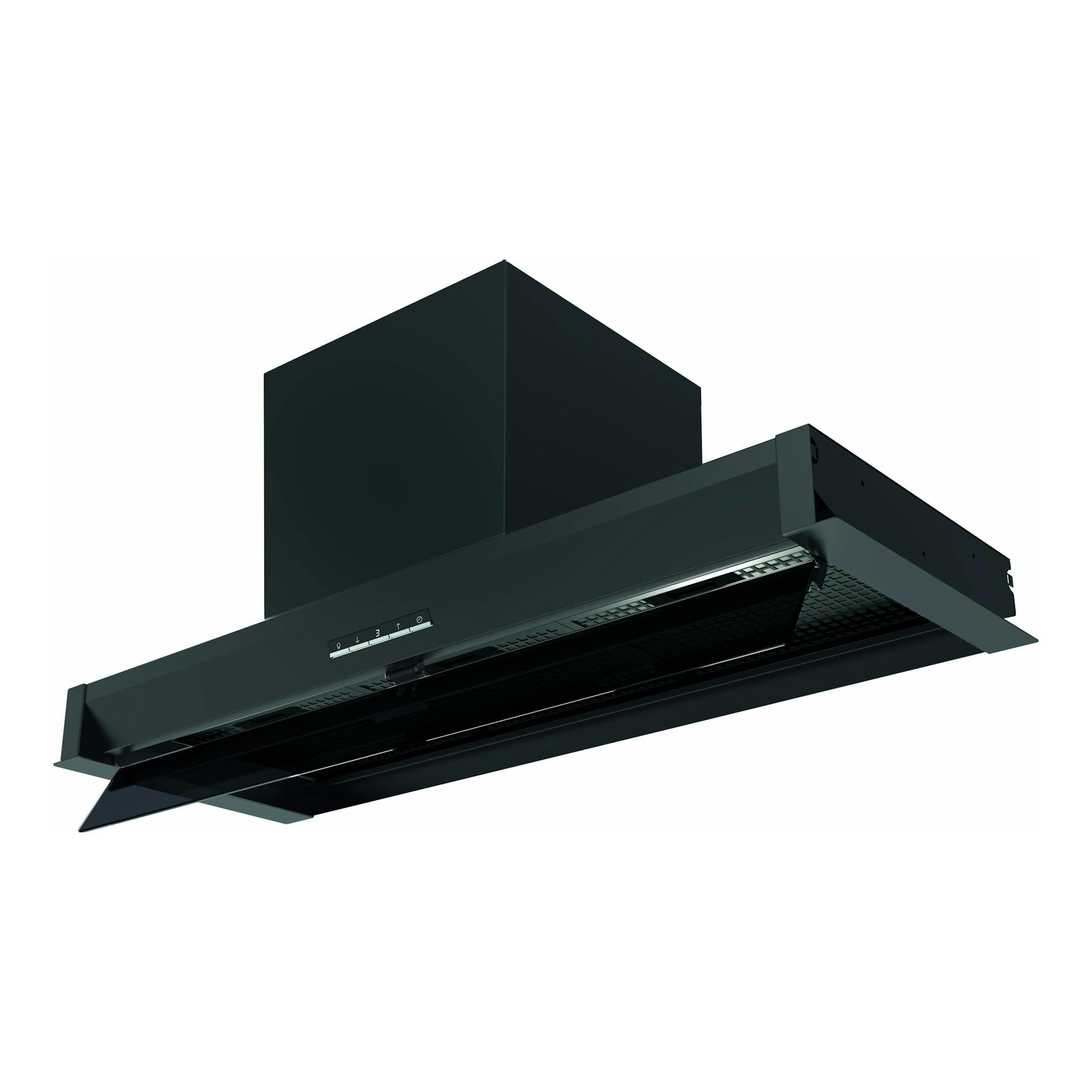 Campana integrable Cata Arona 90 BK negra, vista en perspectiva, con panel frontal abatible.
