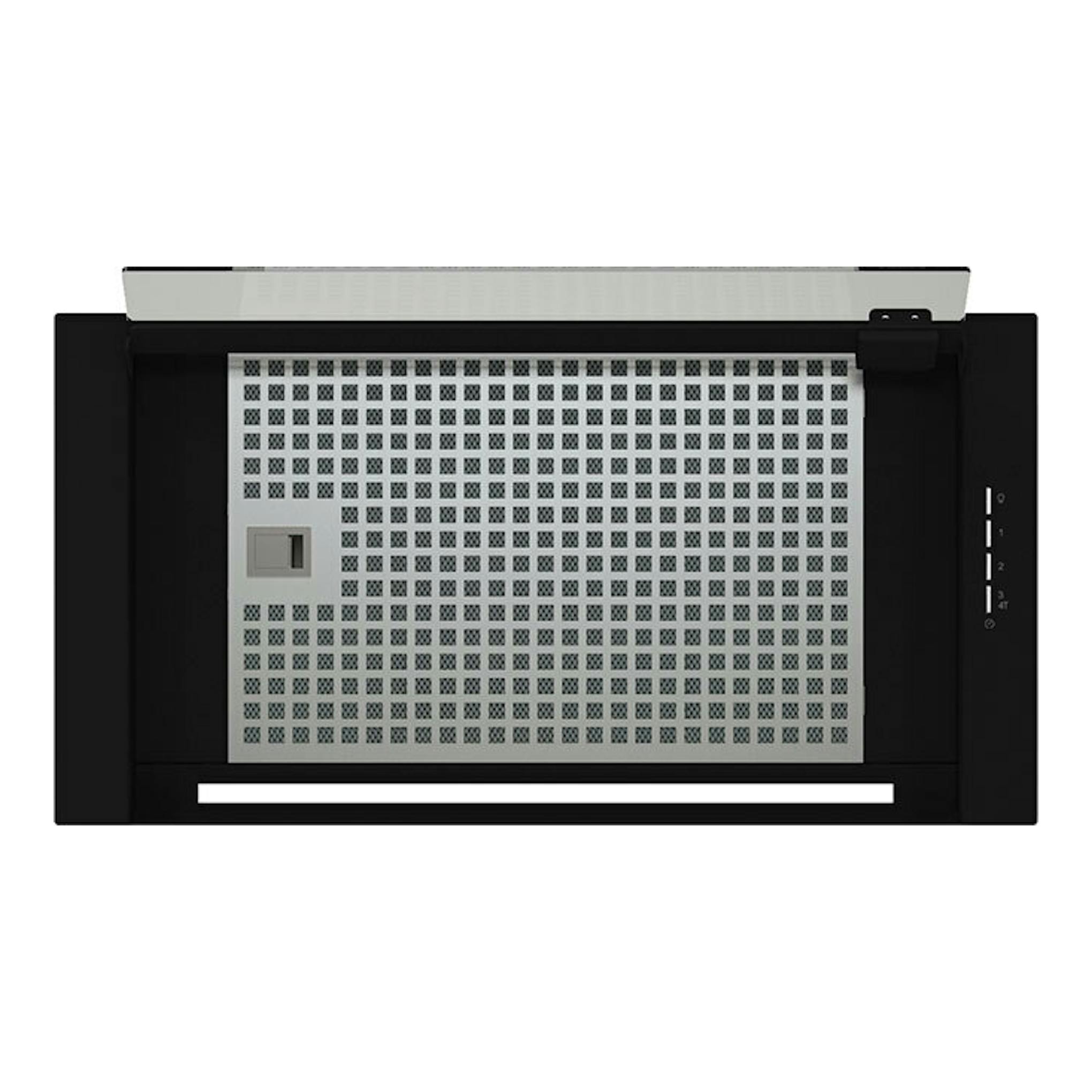 Campana integrable Cata Corona BK60 negra, vista frontal, con panel metálico perforado y controles laterales.