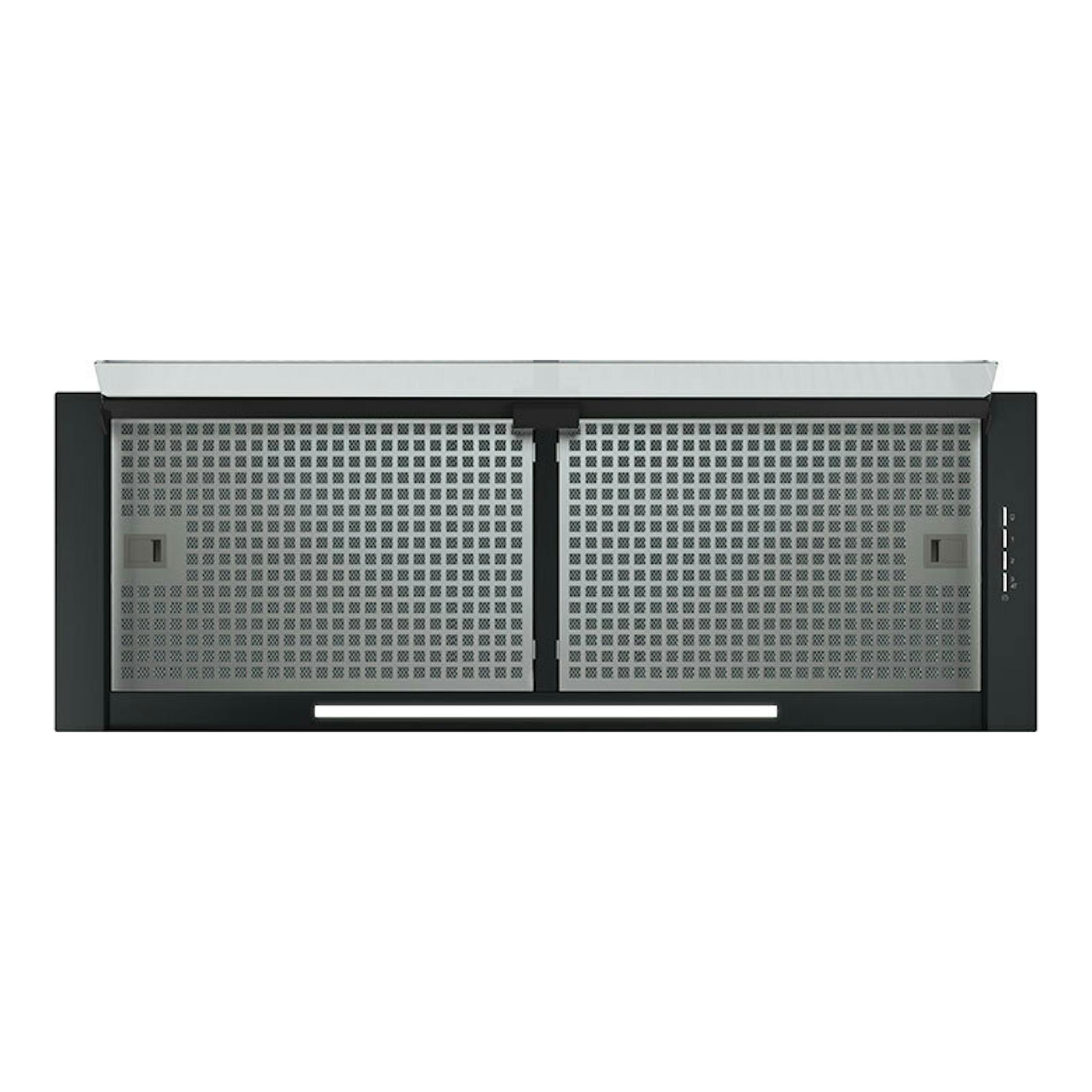 Campana integrable Cata Corona BK90 negra, vista frontal, con filtros metálicos y barra de luz inferior.