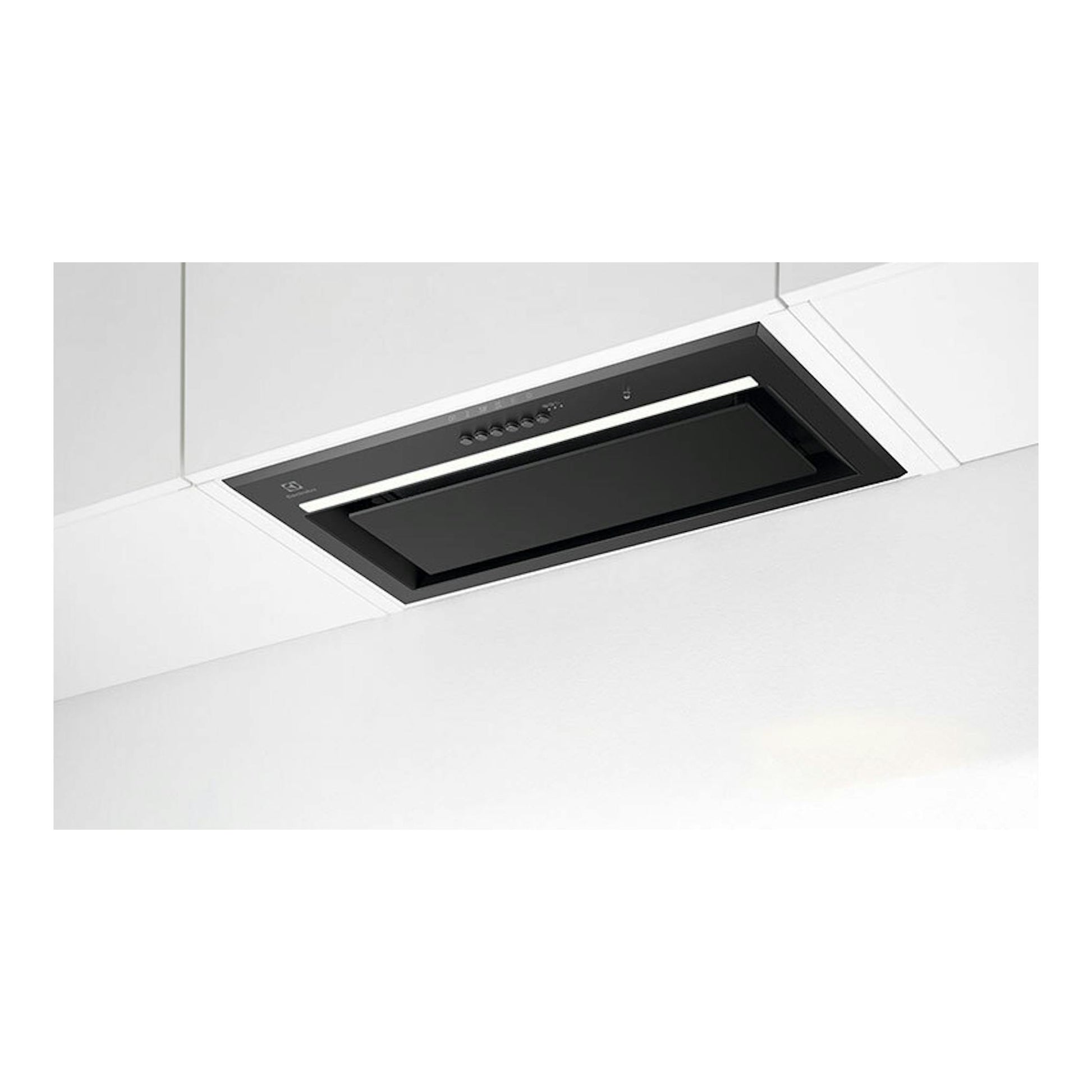Campana integrable Electrolux LFG815K negra, vista en ángulo, empotrada en techo blanco.