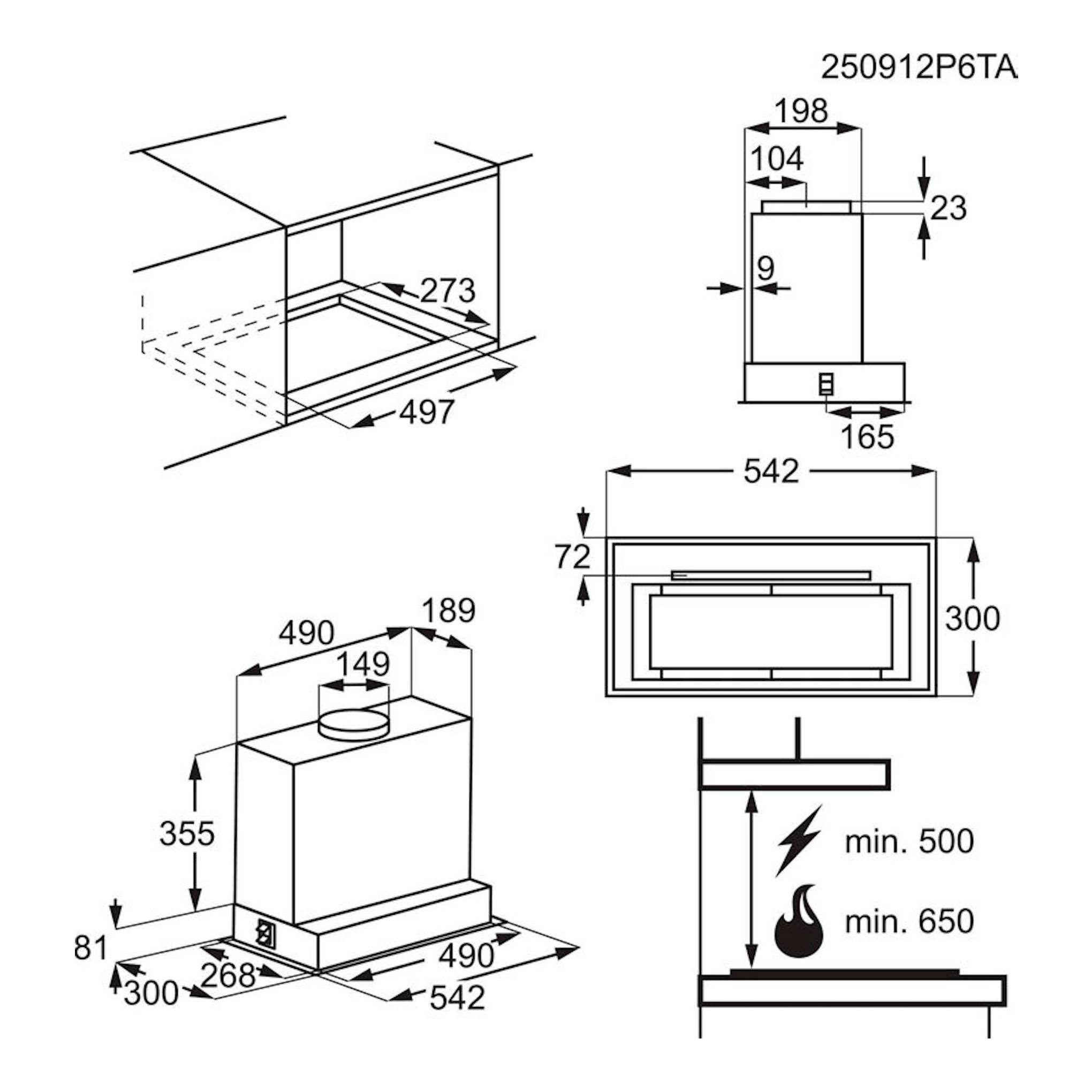 Esquema técnico de campana integrable Electrolux LFG815K 54 cm, con vistas y medidas en blanco y negro.