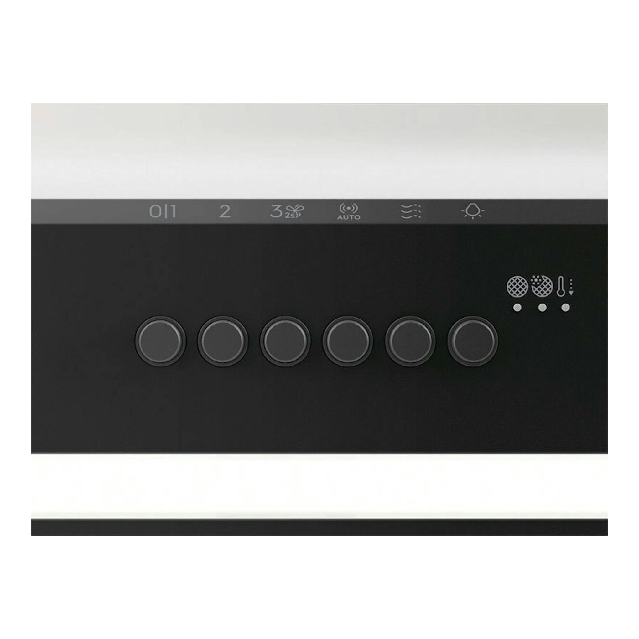 Campana integrable Electrolux LFG815K negra, vista frontal con panel táctil, botones circulares y franja superior plateada.
