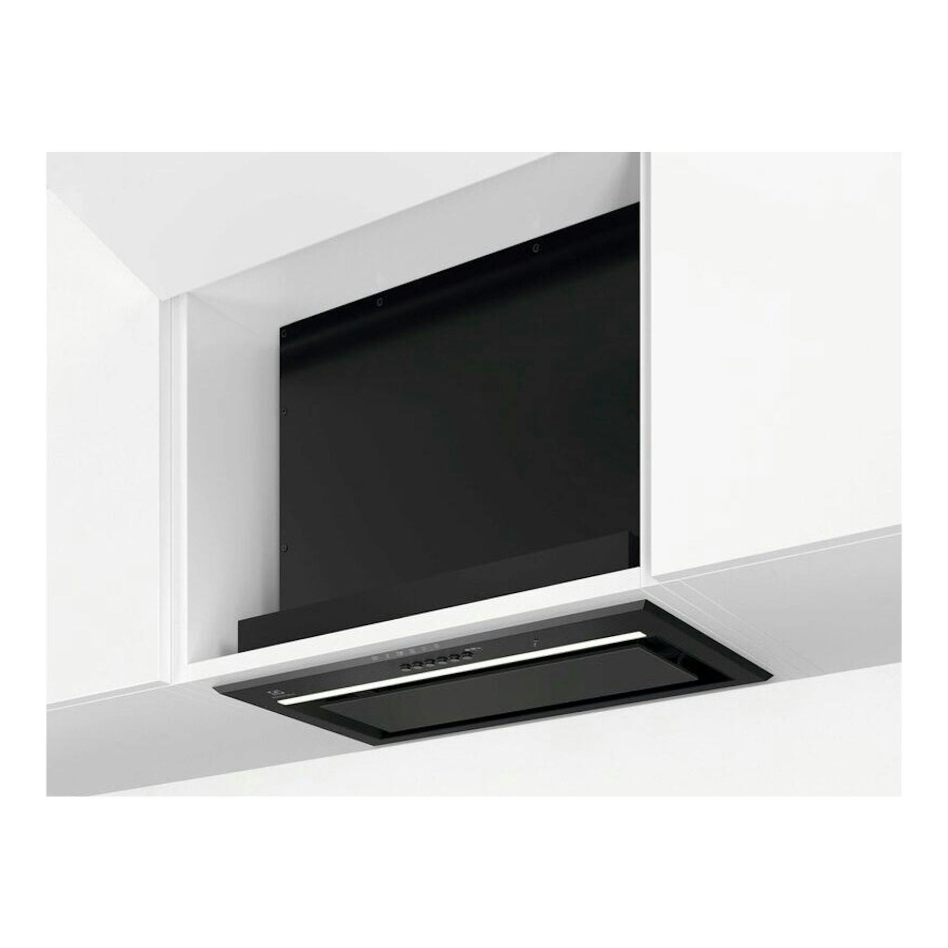 Campana integrable Electrolux LFG815K negra, vista frontal inferior, empotrada en mueble blanco.