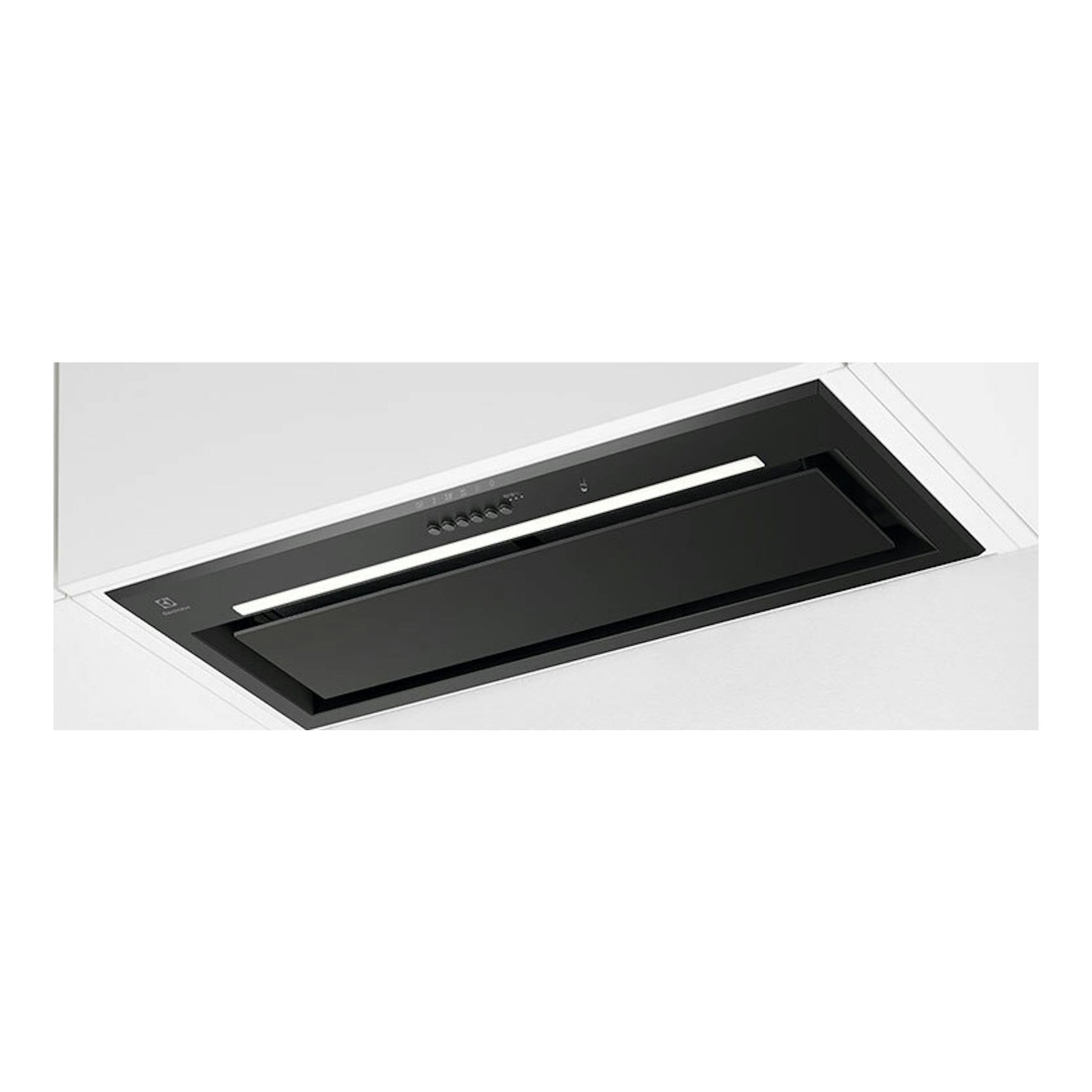 Campana integrable Electrolux LFG818K negra, vista inferior empotrada en techo blanco, 80 cm.