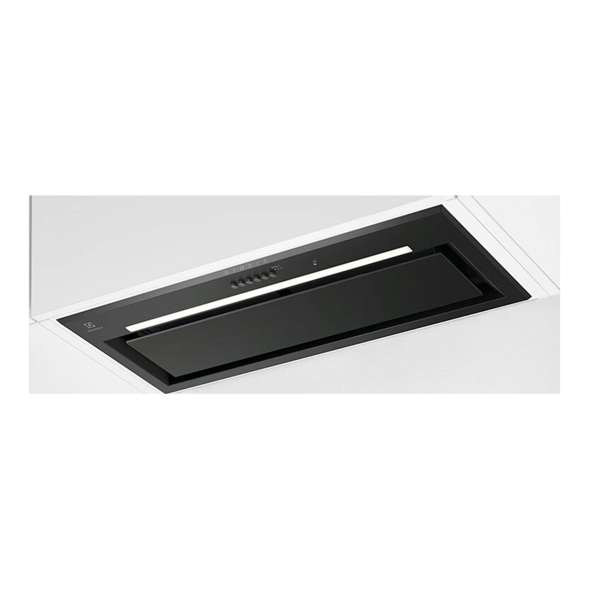 Campana integrable Electrolux LFG818K negra, vista inferior empotrada en techo blanco, 80 cm.