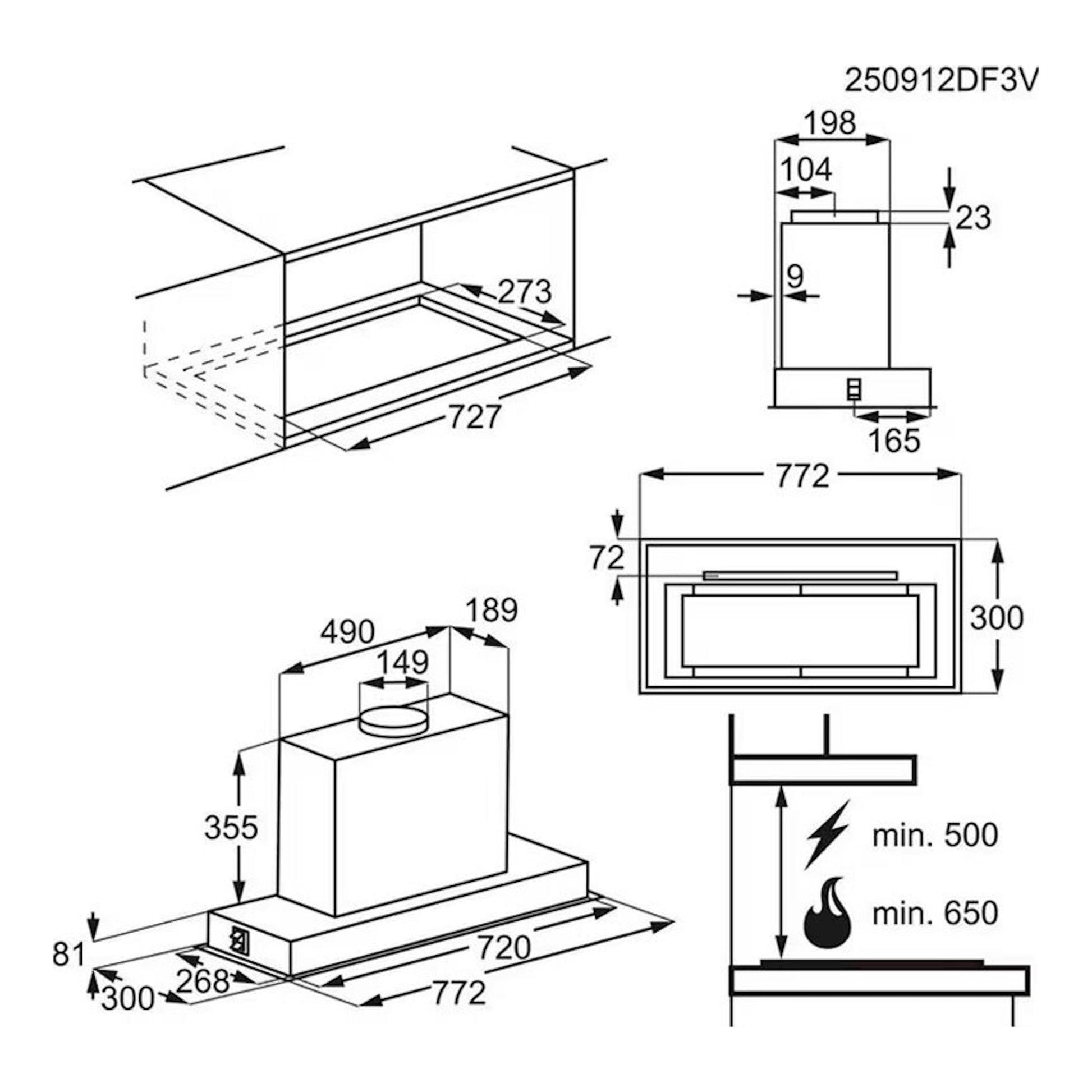 Esquema técnico de instalación de campana integrable Electrolux LFG818K, vista en blanco y negro con medidas.