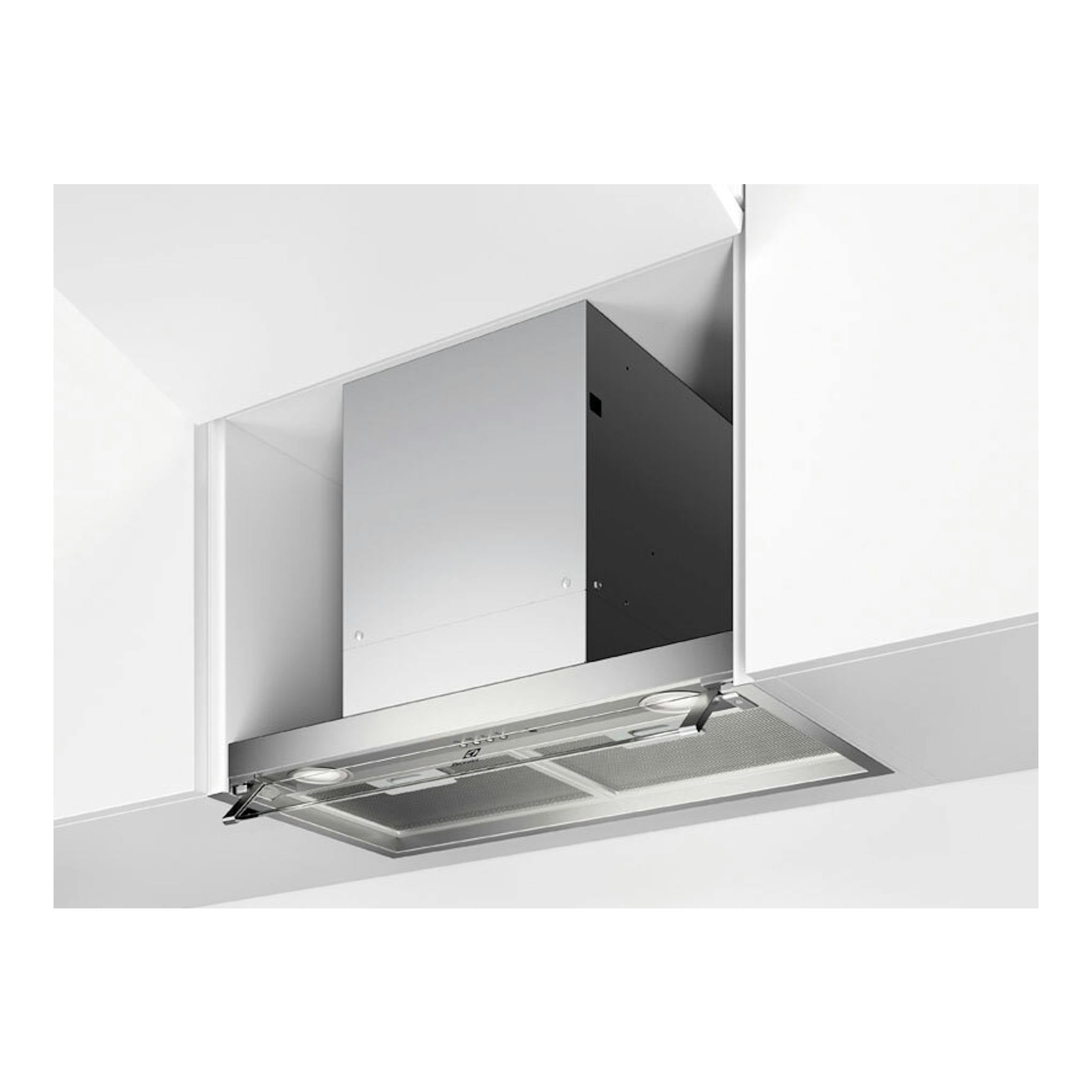 Campana integrable Electrolux LFP516X de acero inoxidable, vista inferior bajo mueble, 60 cm