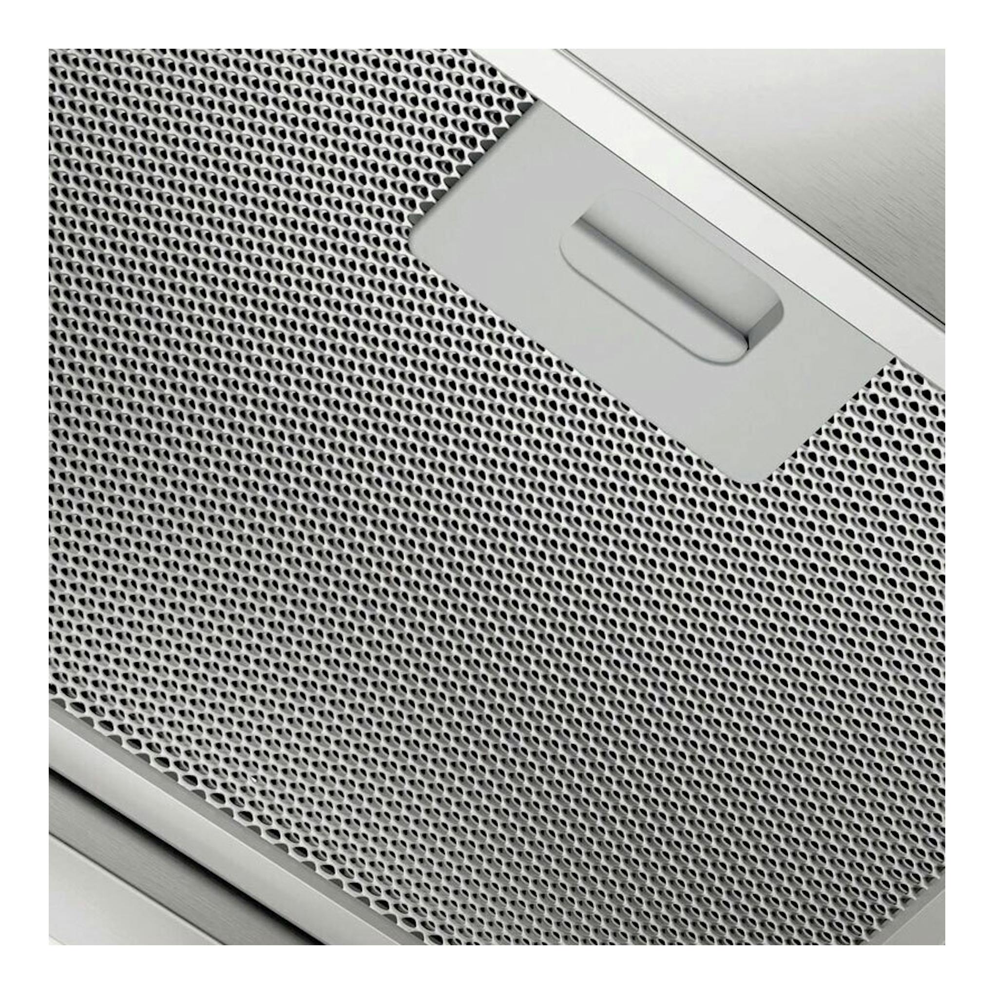 Campana integrable Electrolux LFP516X de 60 cm, vista en primer plano de la rejilla metálica plateada.