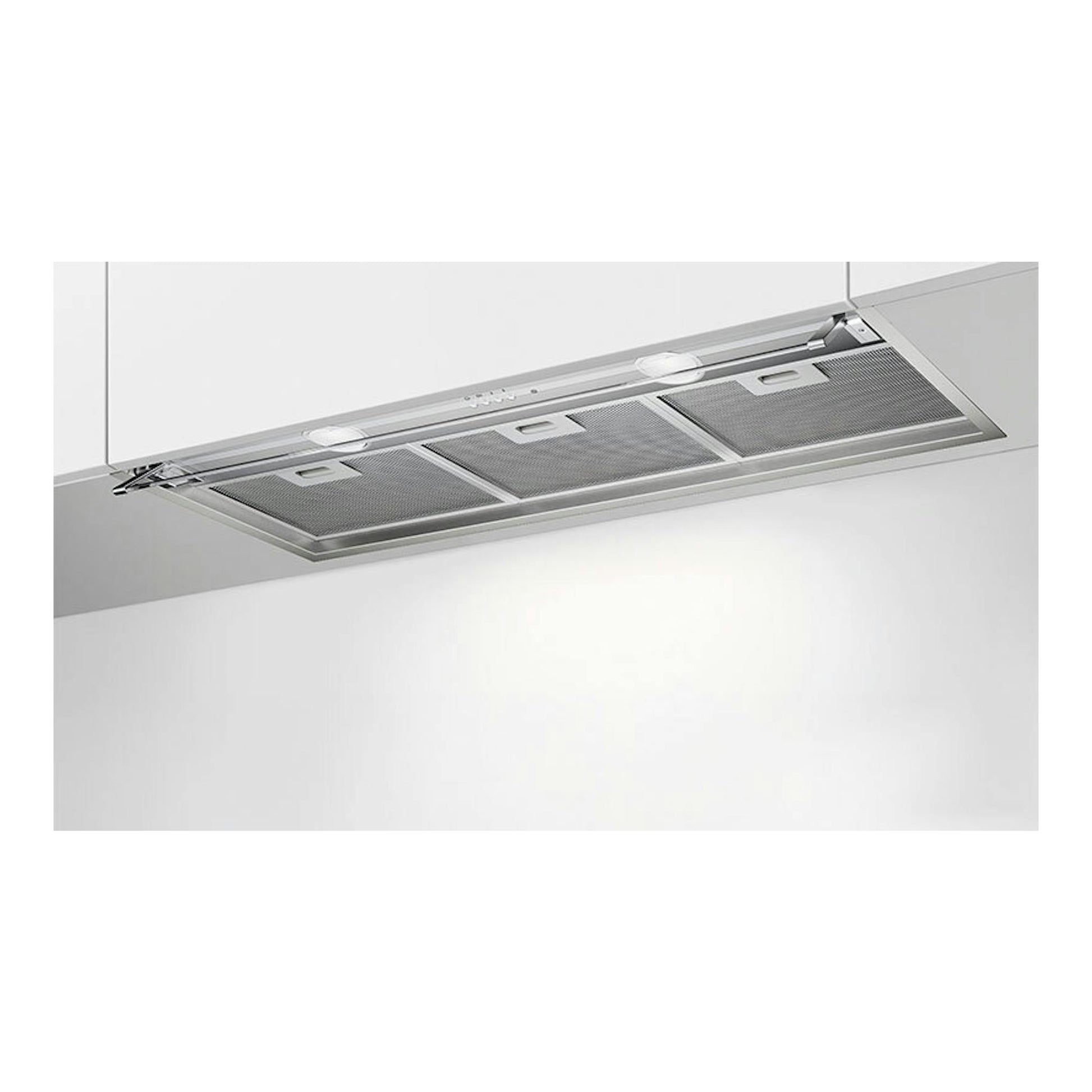 Campana integrable Electrolux LFP519X de 90 cm, vista inferior en acero inoxidable, bajo mueble.