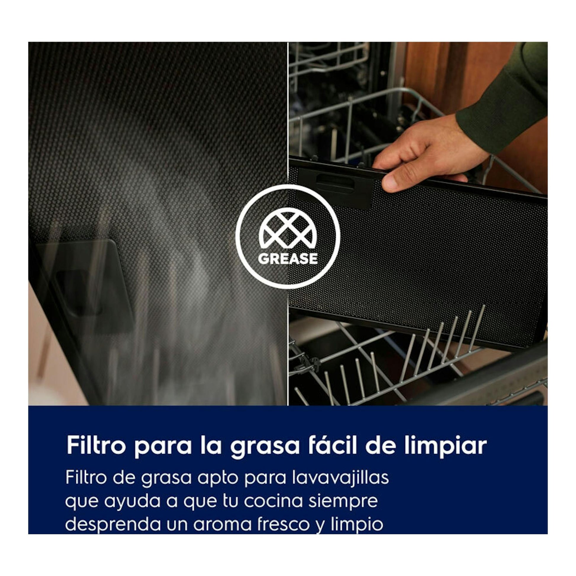 Electrolux LFP519X: filtro de grasa negro retirado de un lavavajillas, en vista frontal dividida.