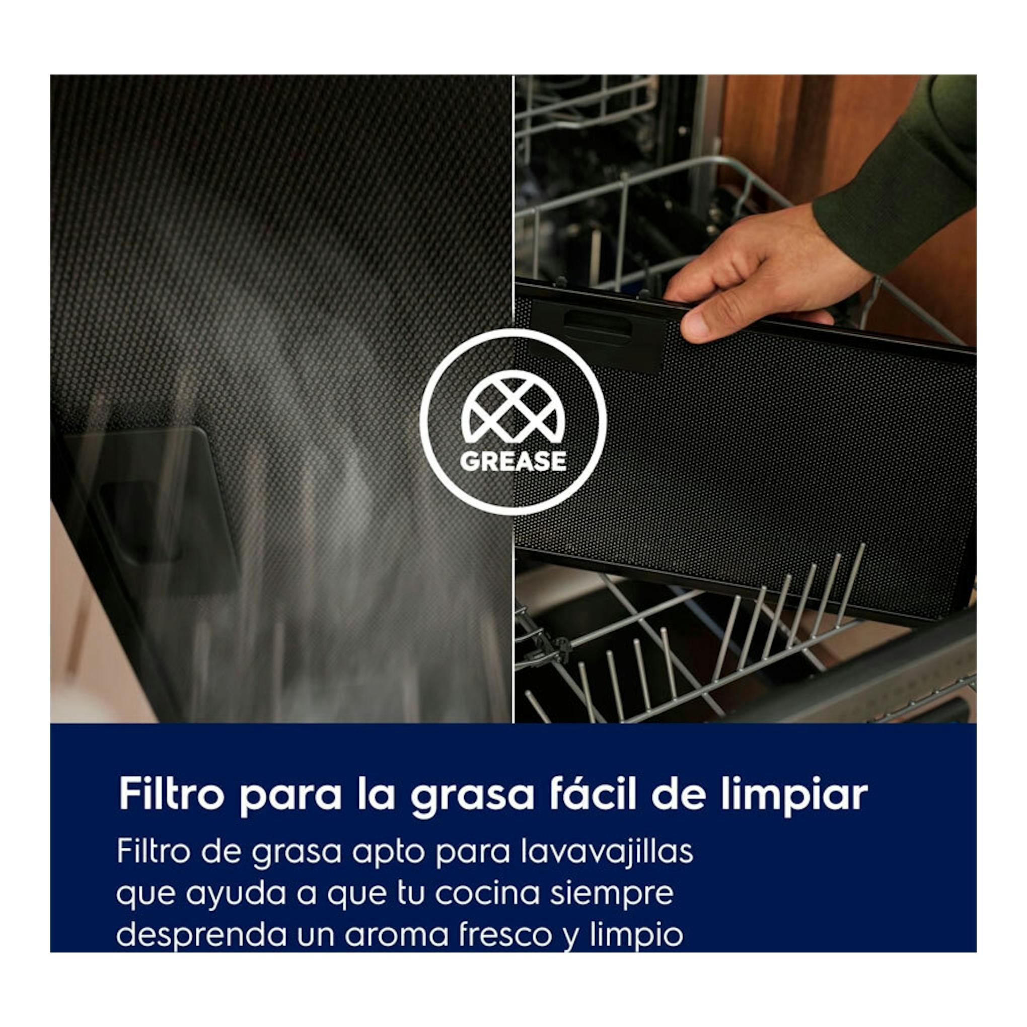 Electrolux LFP519X: filtro de grasa negro retirado de un lavavajillas, en vista frontal dividida.