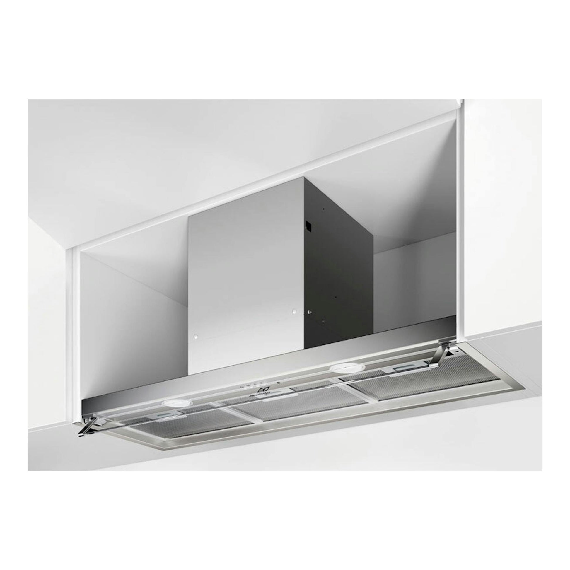 Campana integrable Electrolux LFP519X de acero inoxidable, vista inferior en mueble de cocina.