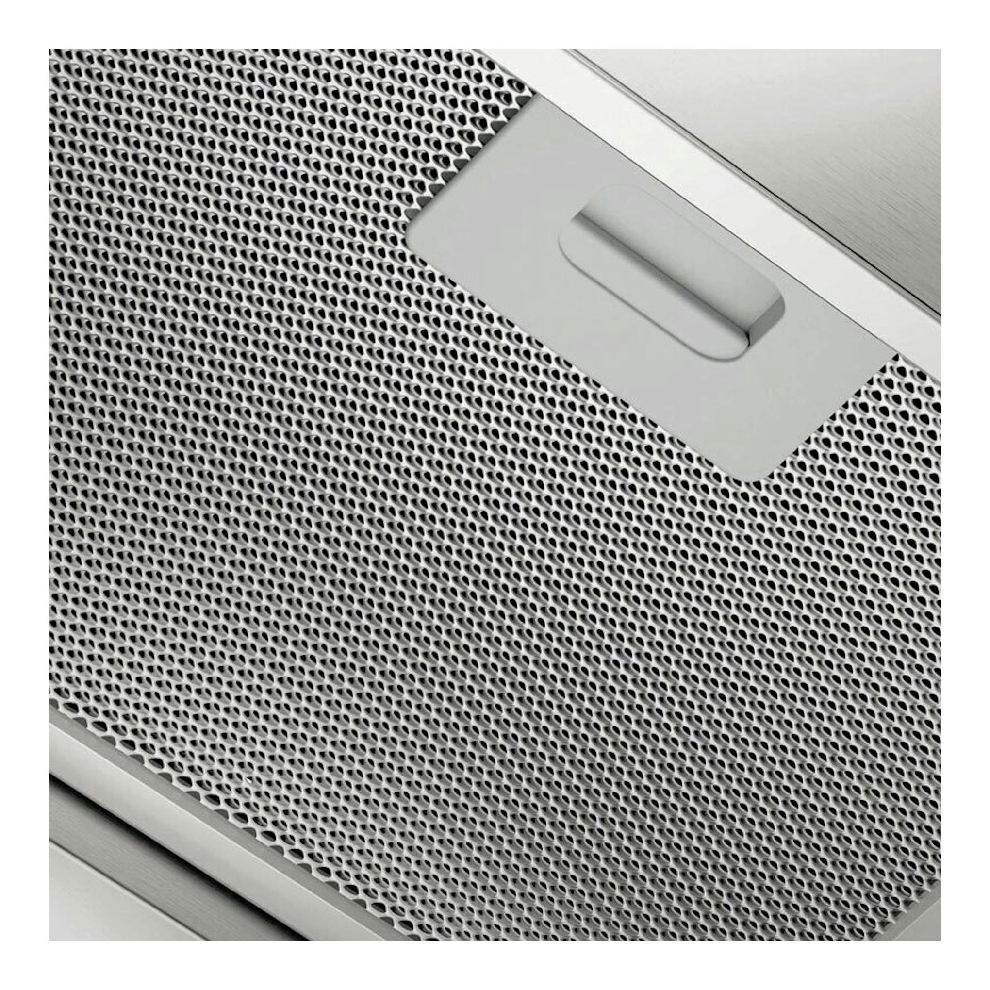 Campana integrable Electrolux LFP519X de acero inoxidable, primer plano del filtro perforado y mando.