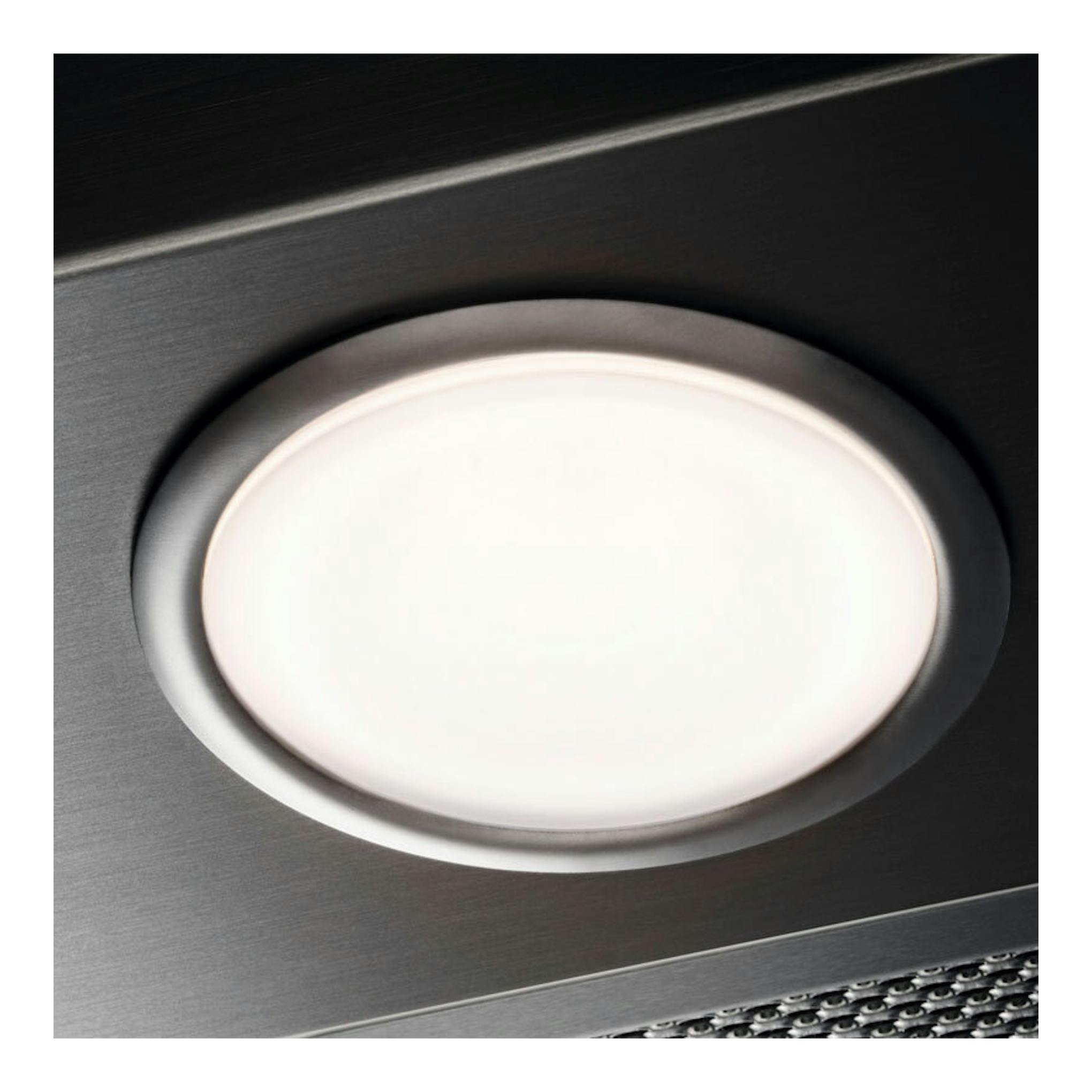 Campana integrable Electrolux LFP519X de acero inoxidable, primer plano con luz circular encendida.