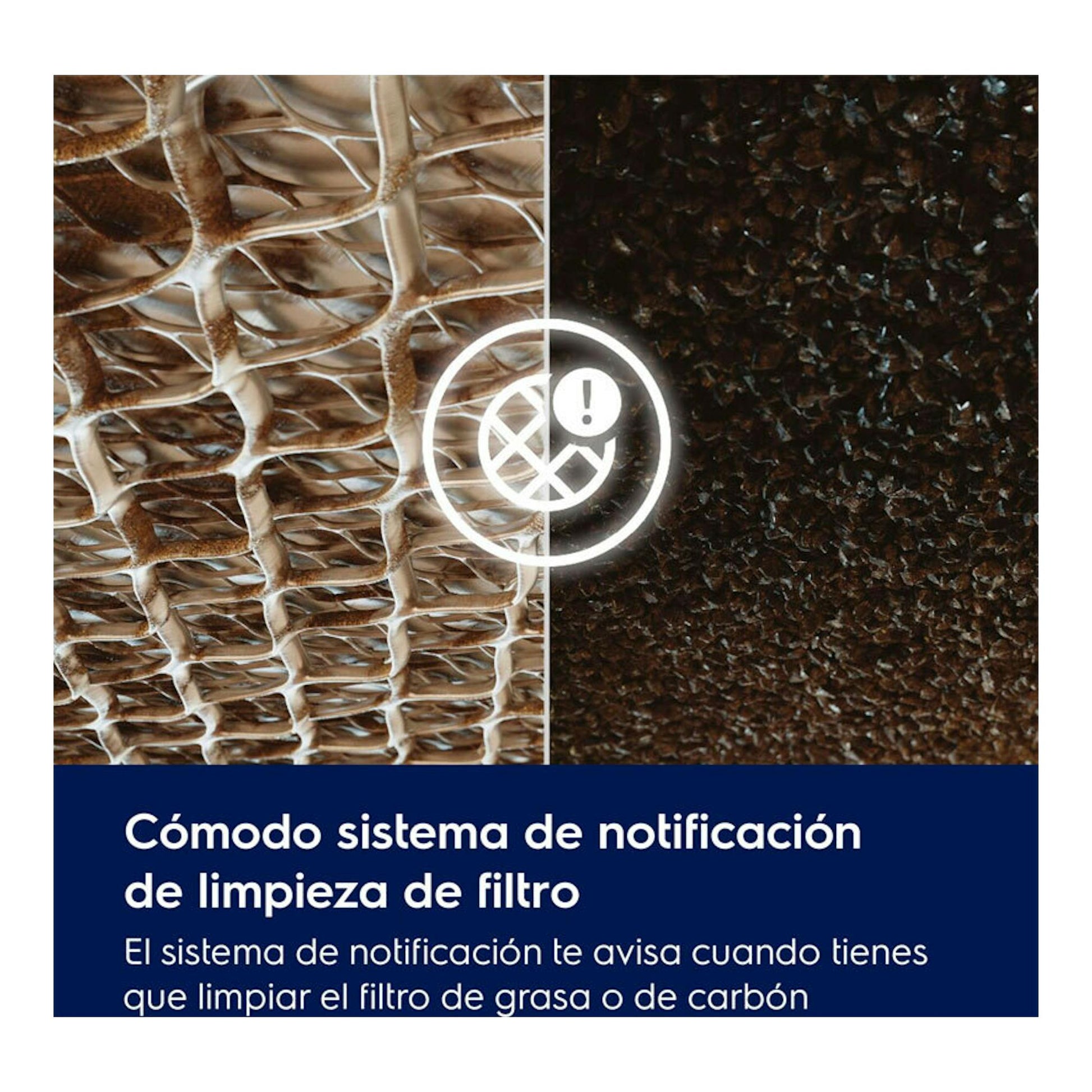 Electrolux LFP519X 90 cm: primer plano de filtros de grasa y carbón en vista partida, con aviso de limpieza y fondo azul.