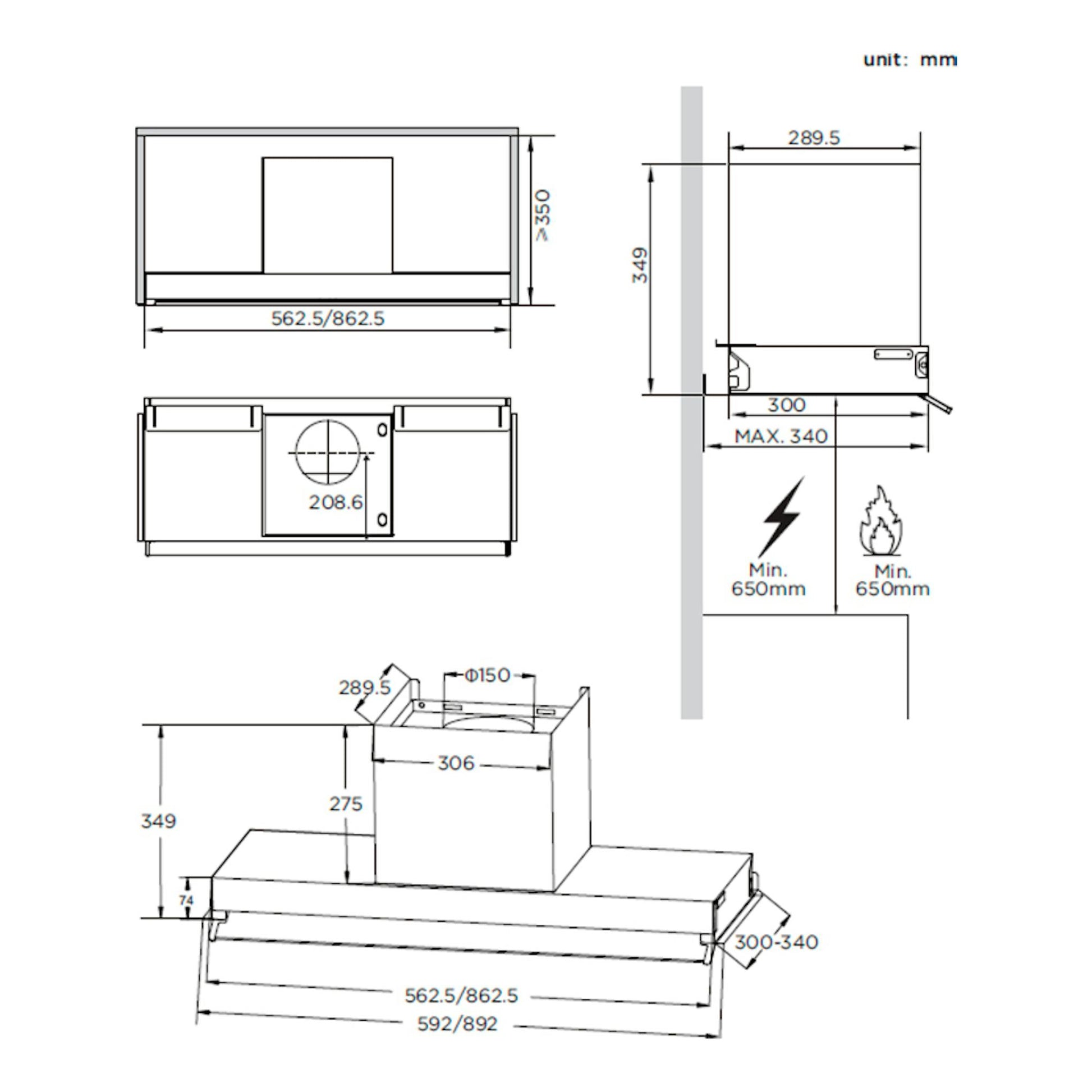 Plano técnico en blanco y negro de campana integrable Midea MH90M02EM24SB inox, vistas frontal, lateral y superior.