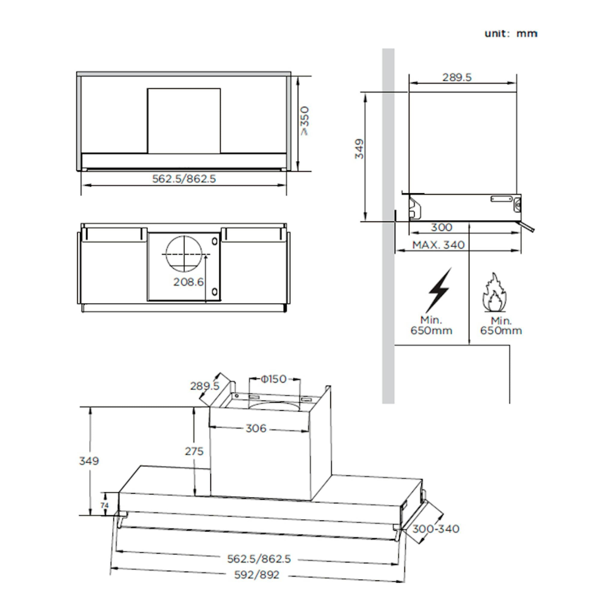 Plano técnico en blanco y negro de campana integrable Midea MH90M02EM24SB inox, vistas frontal, lateral y superior.