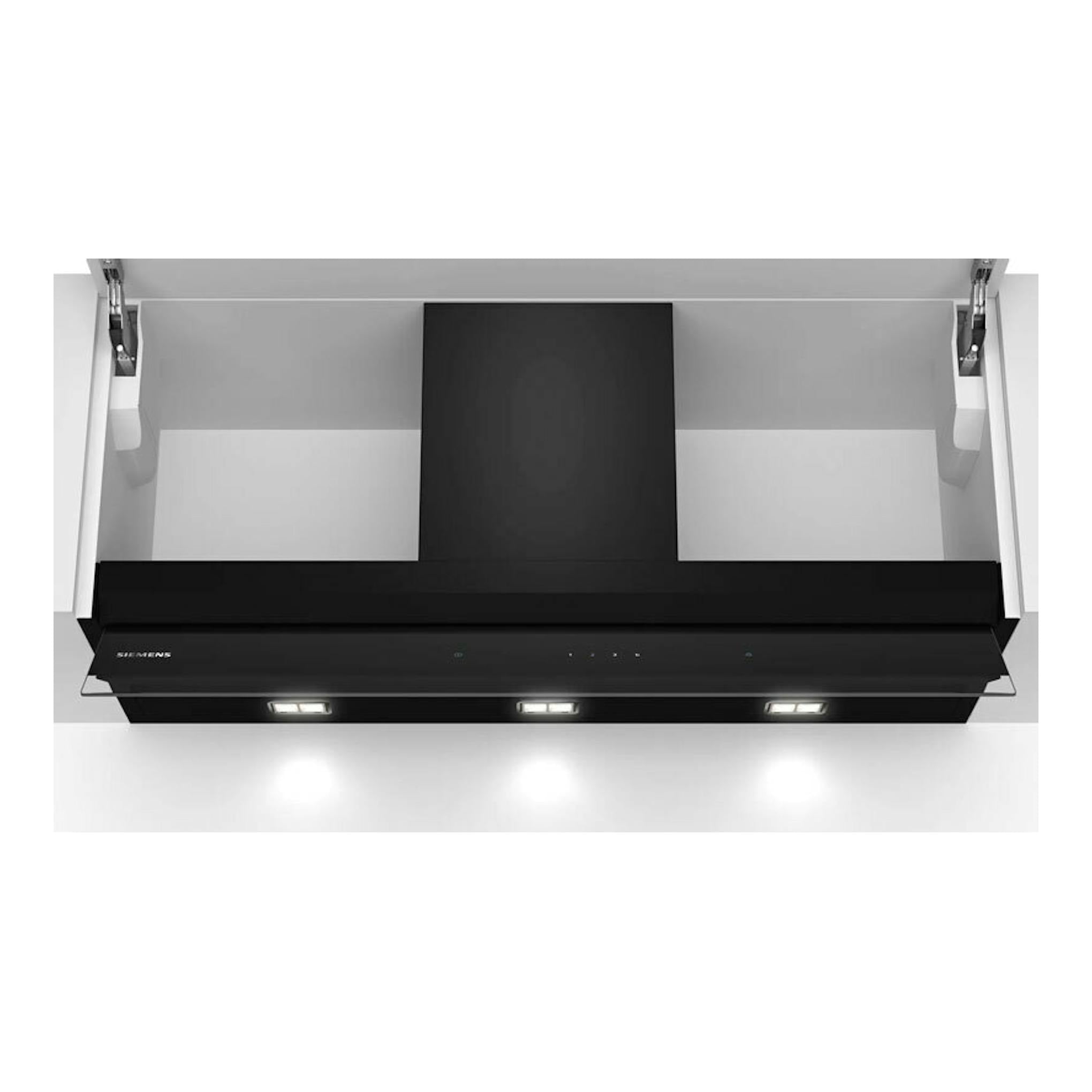 Campana integrable Siemens LJ97BAM60 negra, vista frontal, con panel de vidrio y luces LED.