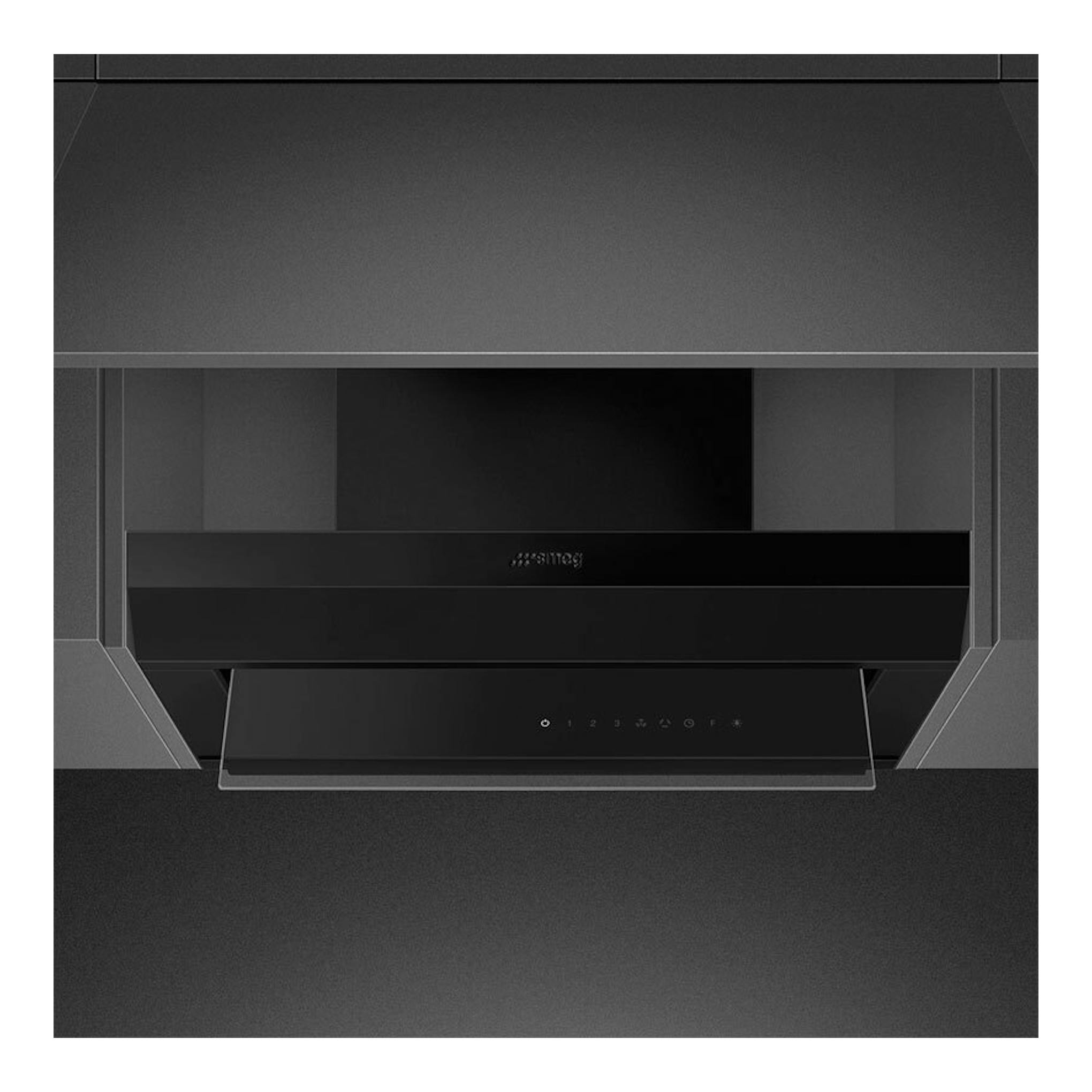 Campana integrable Smeg KSGT64BLV negra, vista frontal, con panel de vidrio abatible y controles táctiles.