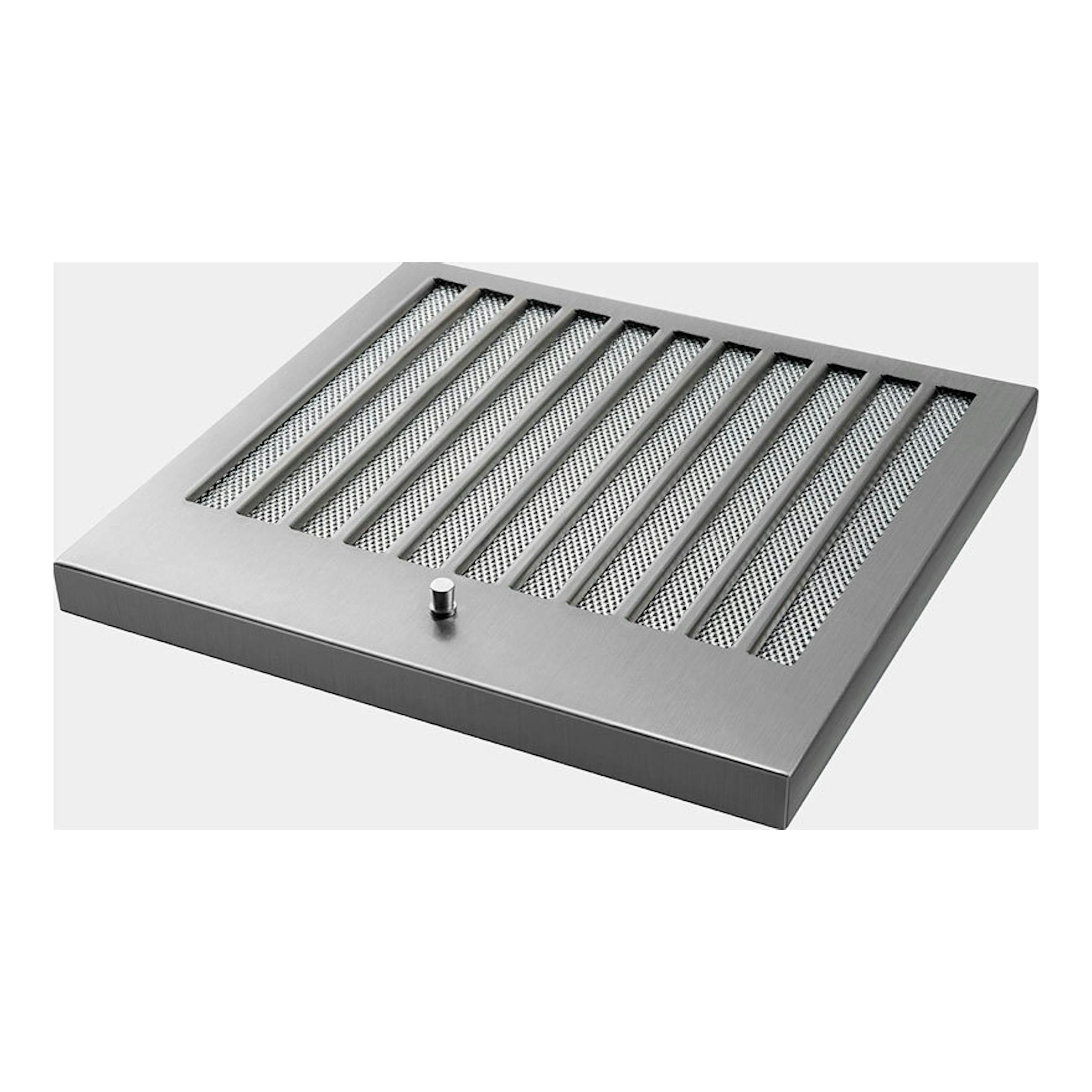 Campana integrable Smeg KSGT64BLV negra, vista en perspectiva, con panel metálico y rejilla de filtros.