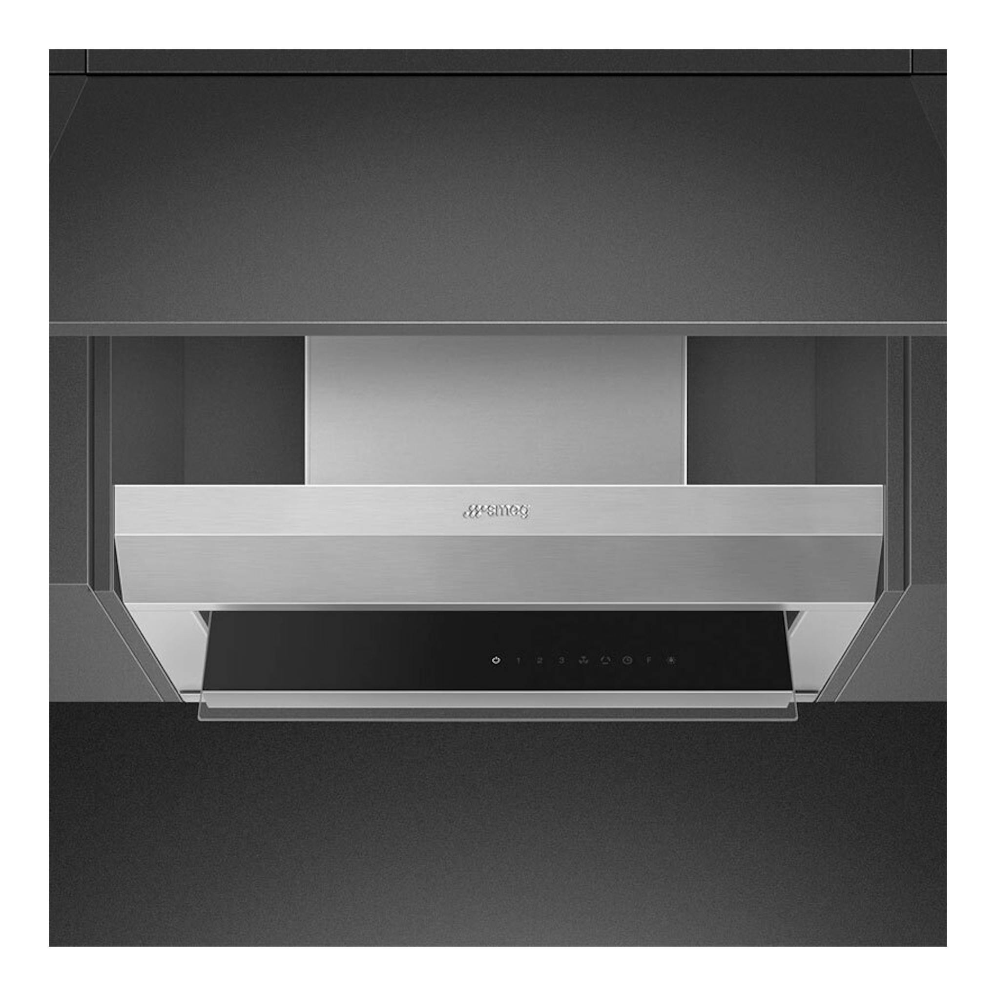 Campana integrable Smeg KSGT64XV inox, vista frontal, con panel de acero inoxidable y mando táctil negro.