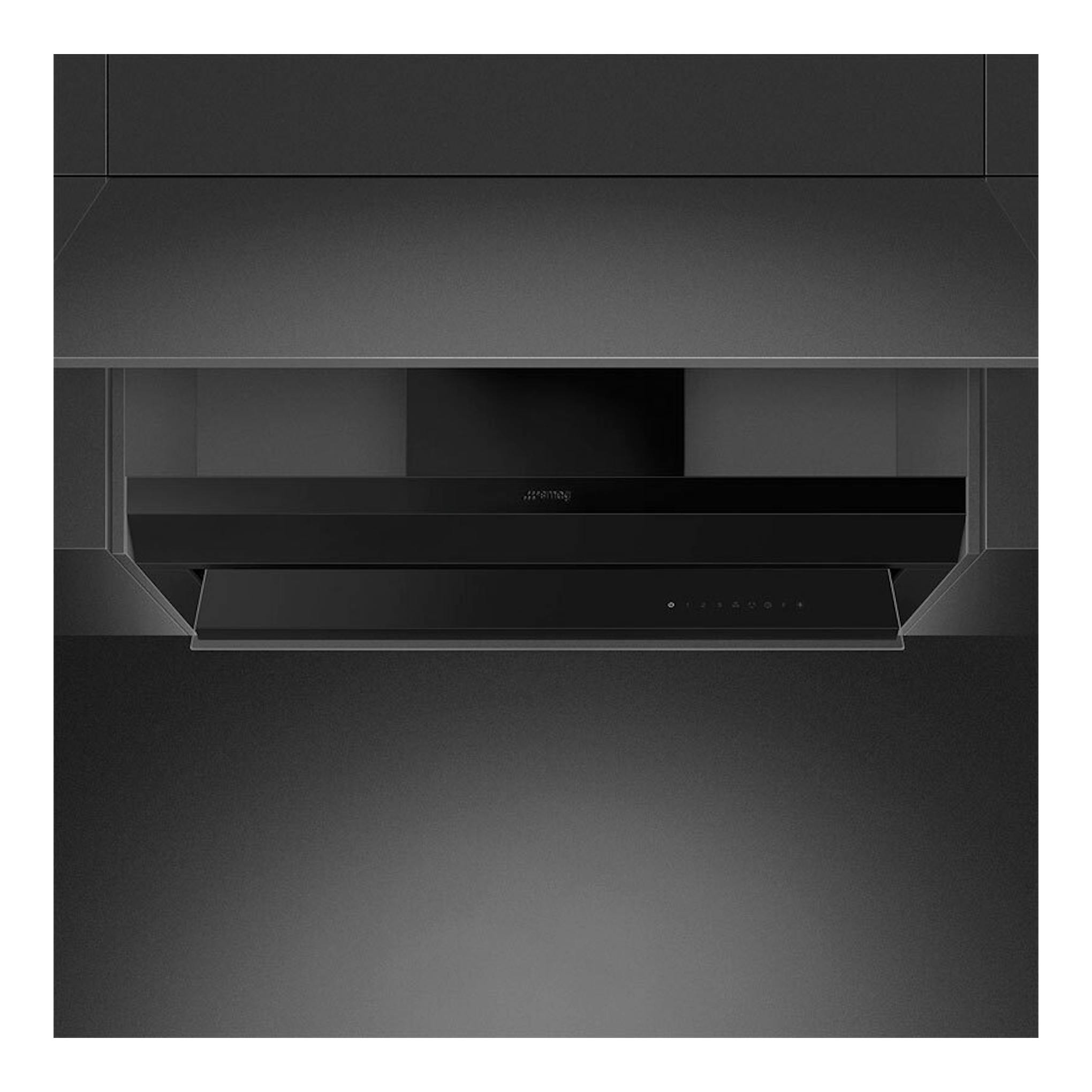 Campana integrable Smeg KSGT94BLV negra, vista frontal, con panel abatible y control táctil.