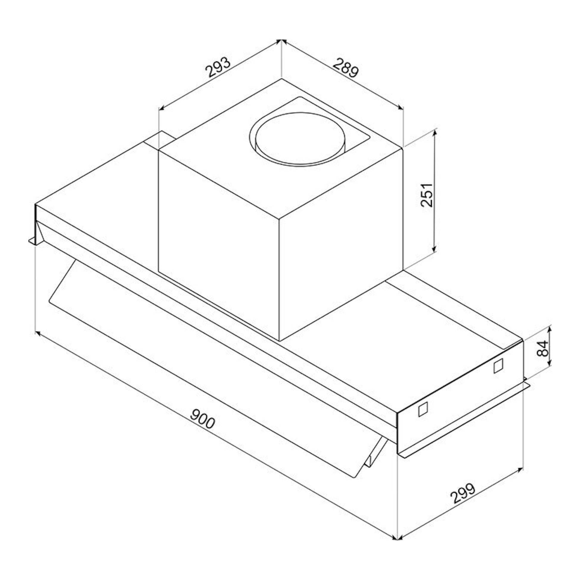 Smeg KSGT94BLV: esquema técnico de campana integrable inox de 90 cm, vista isométrica con medidas.