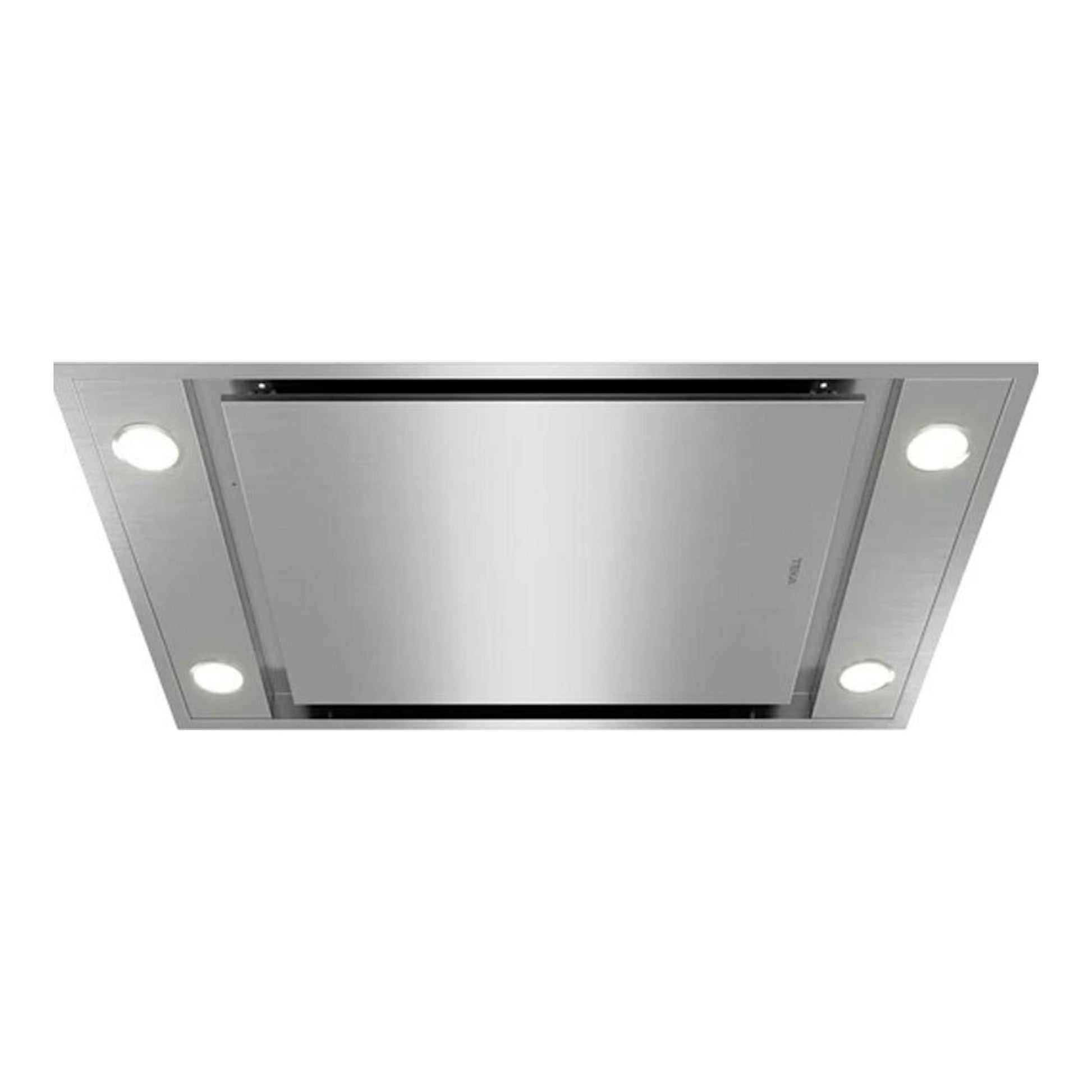 Campana de techo Teka DHT96340 de 90 cm, inox, vista inferior rectangular con cuatro luces.