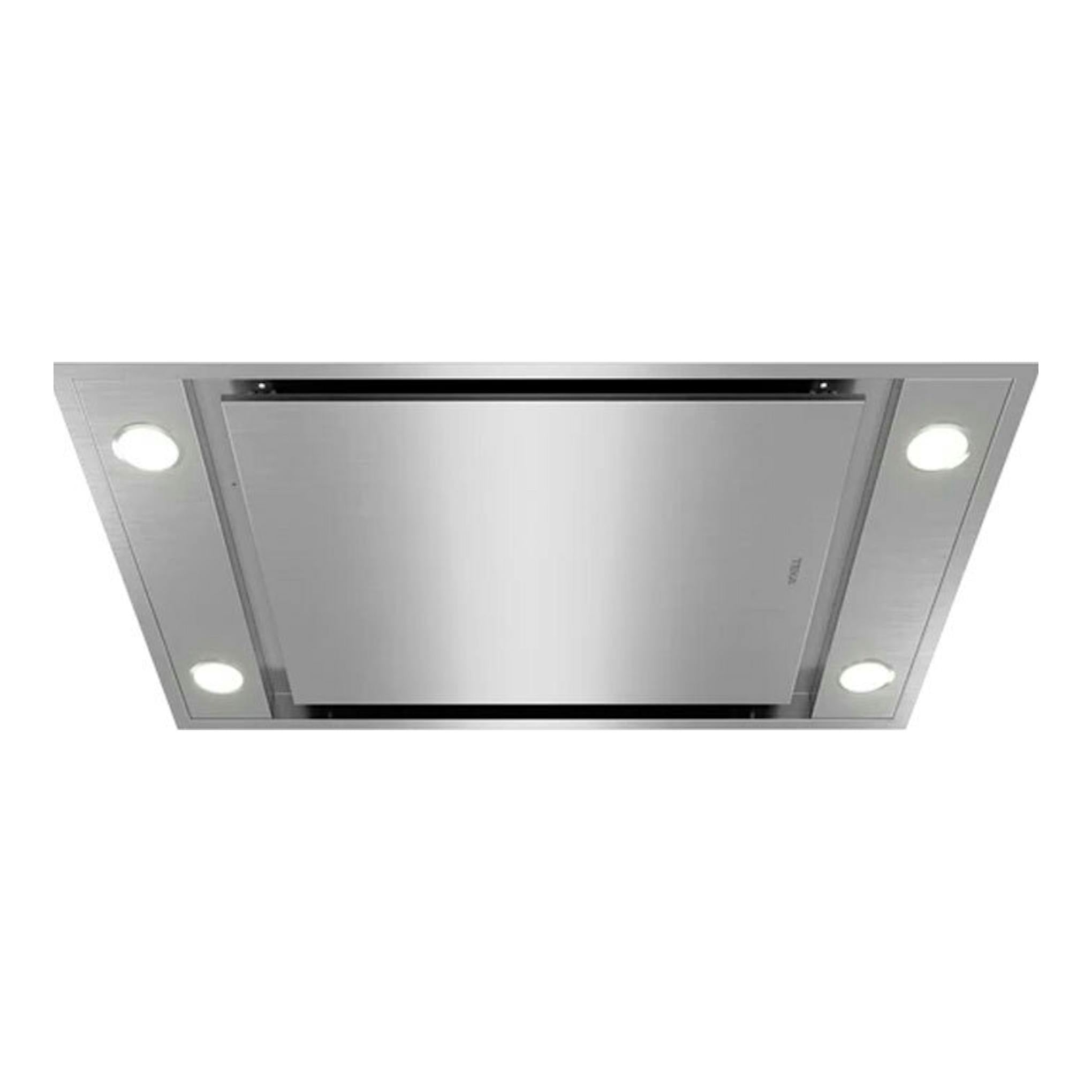 Campana de techo Teka DHT96340 de 90 cm, inox, vista inferior rectangular con cuatro luces.