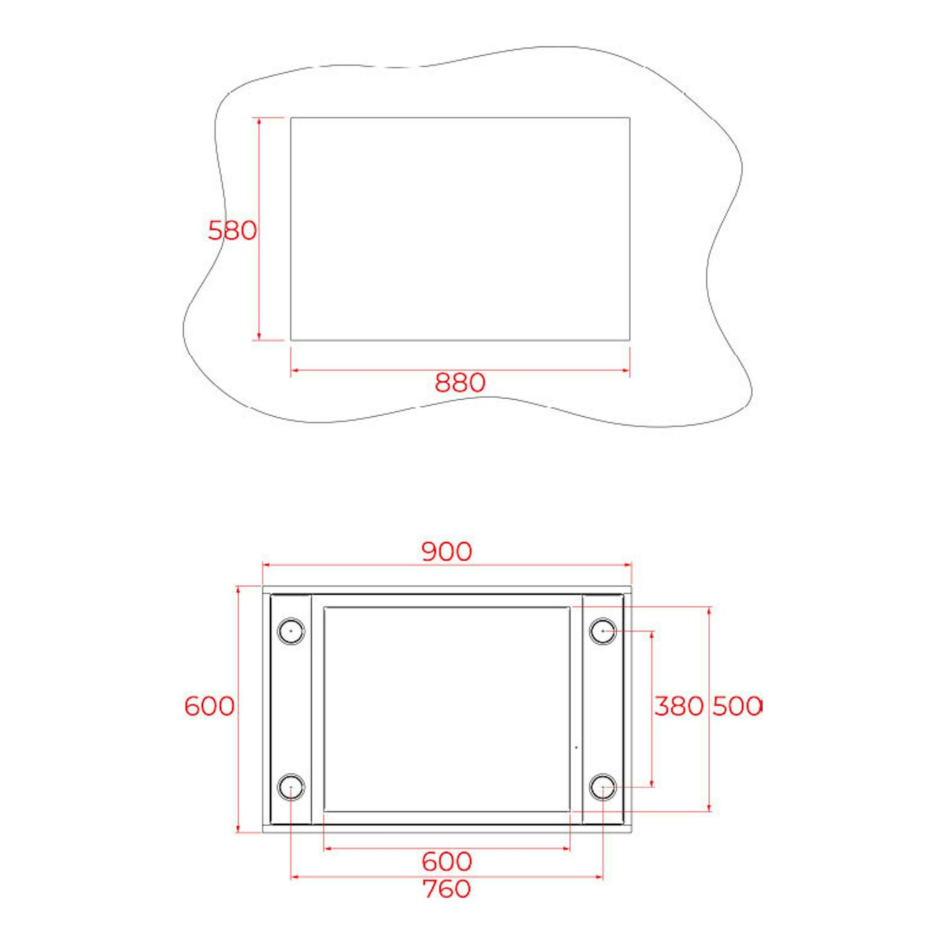 Plano técnico en vista superior de campana integrable de techo Teka DHT96340 inox, con medidas 900x600 mm.