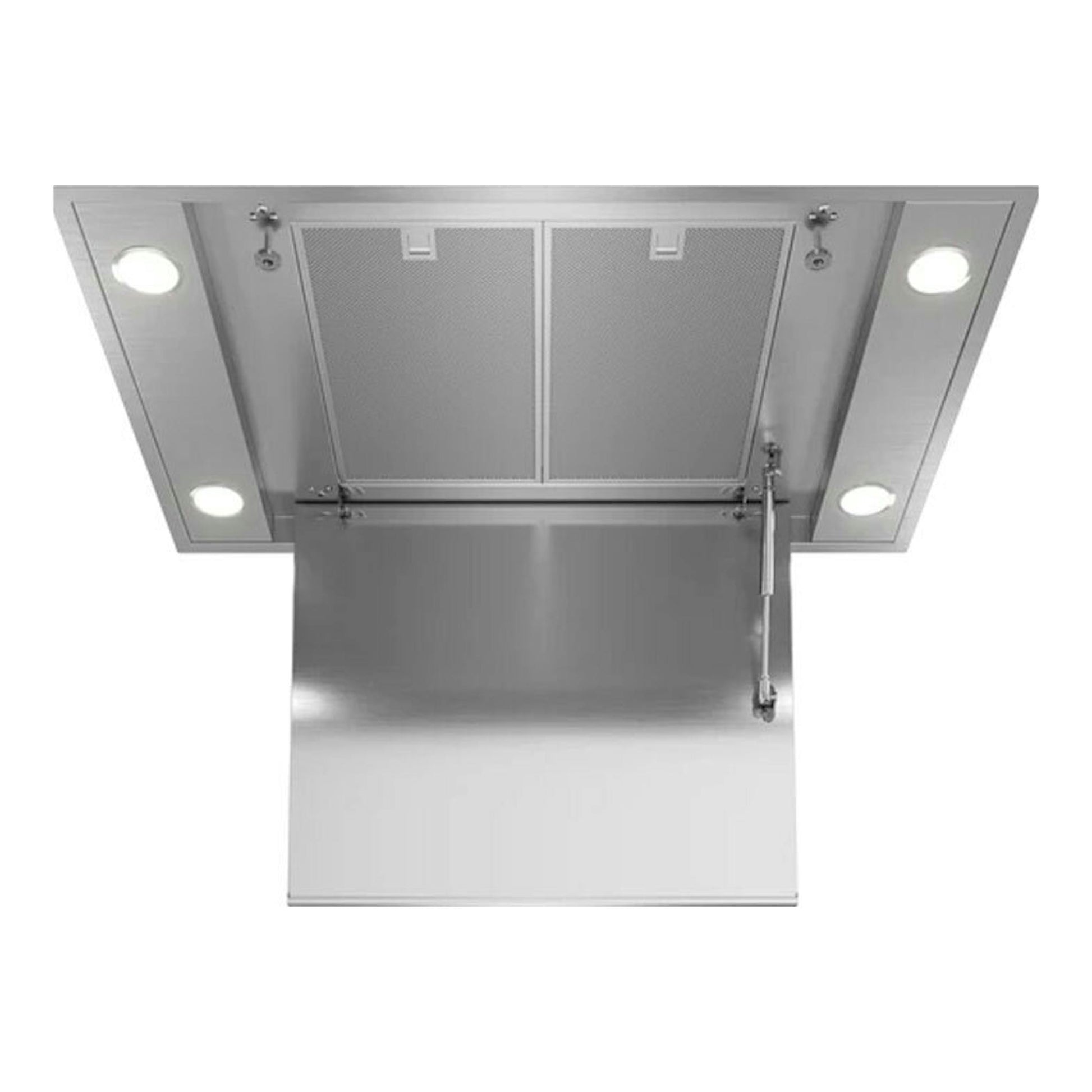 Campana integrable de techo Teka DHT96340 en inox, vista inferior con panel abatible y luces encendidas.