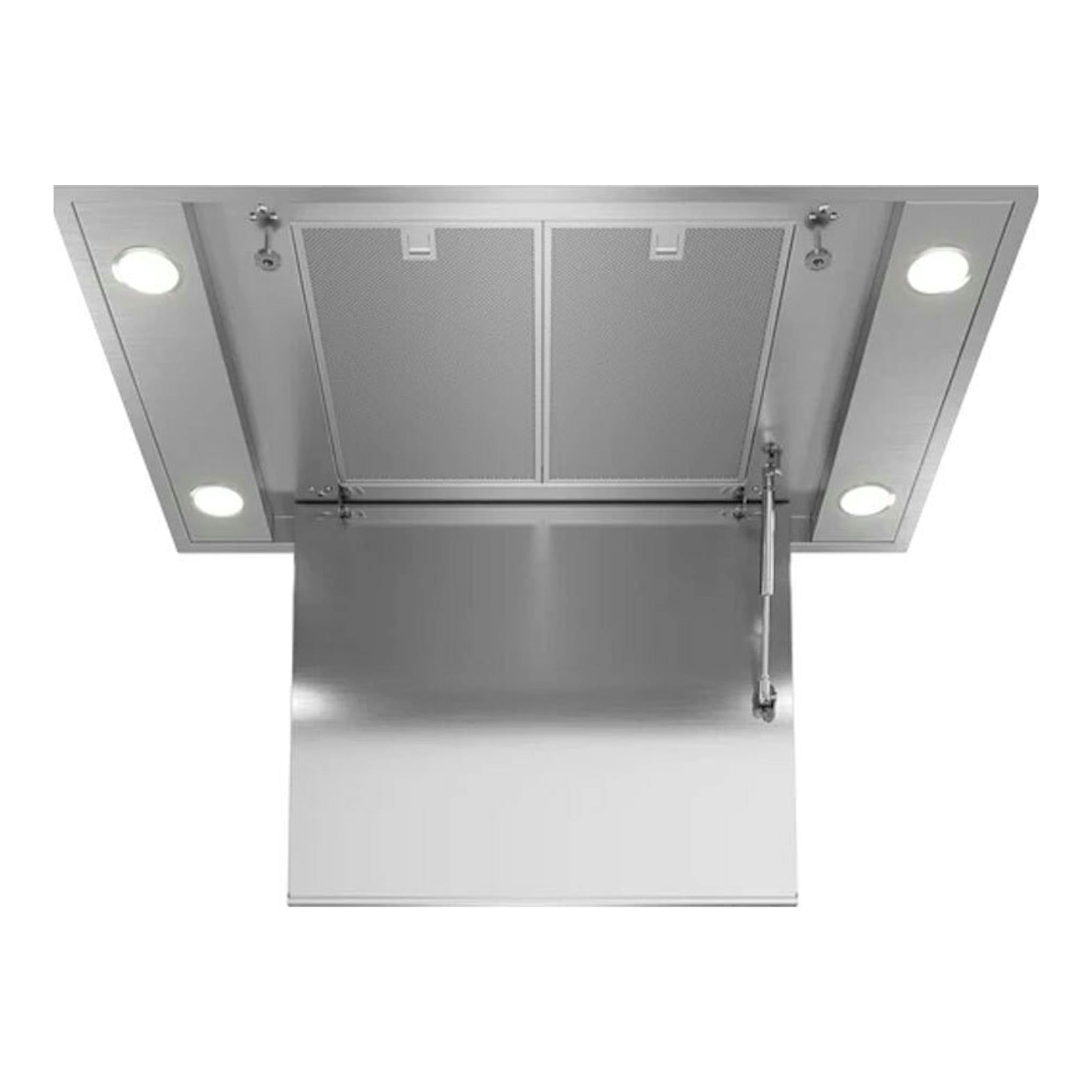 Campana integrable de techo Teka DHT96340 en inox, vista inferior con panel abatible y luces encendidas.