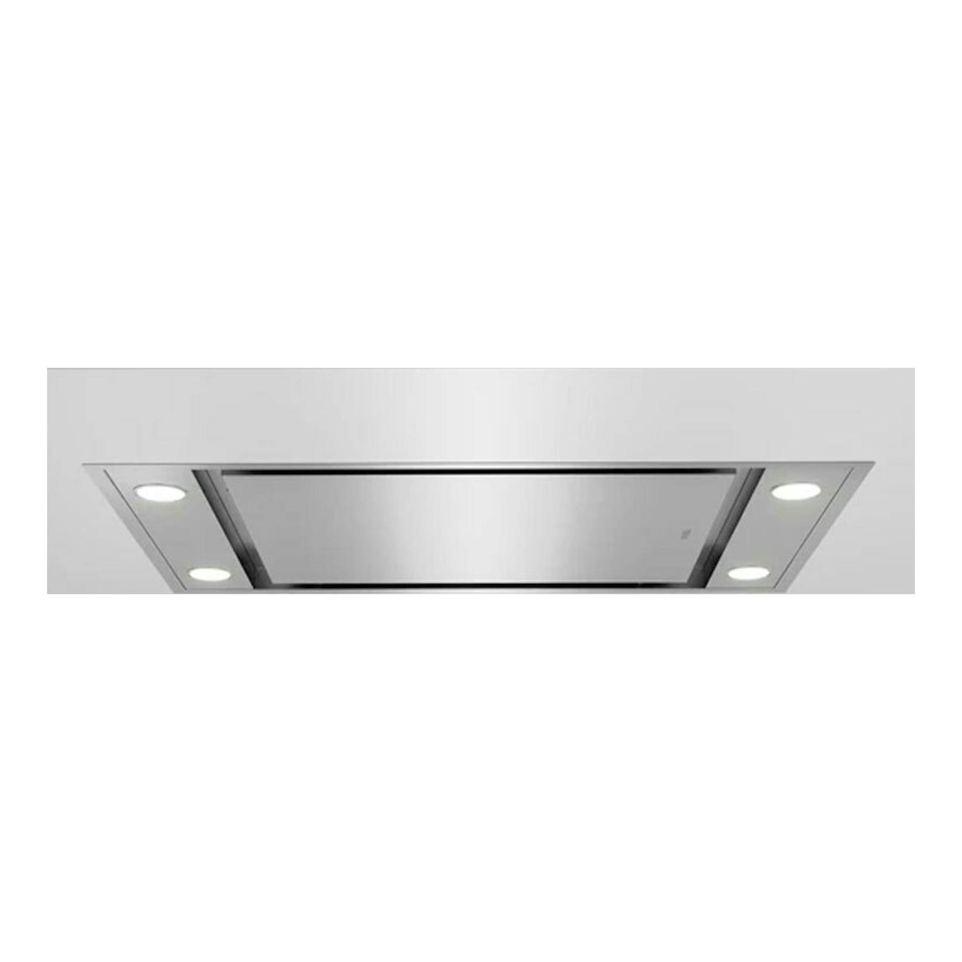 Campana de techo Teka DHT96340 en inox, vista inferior, con cuatro focos integrados.