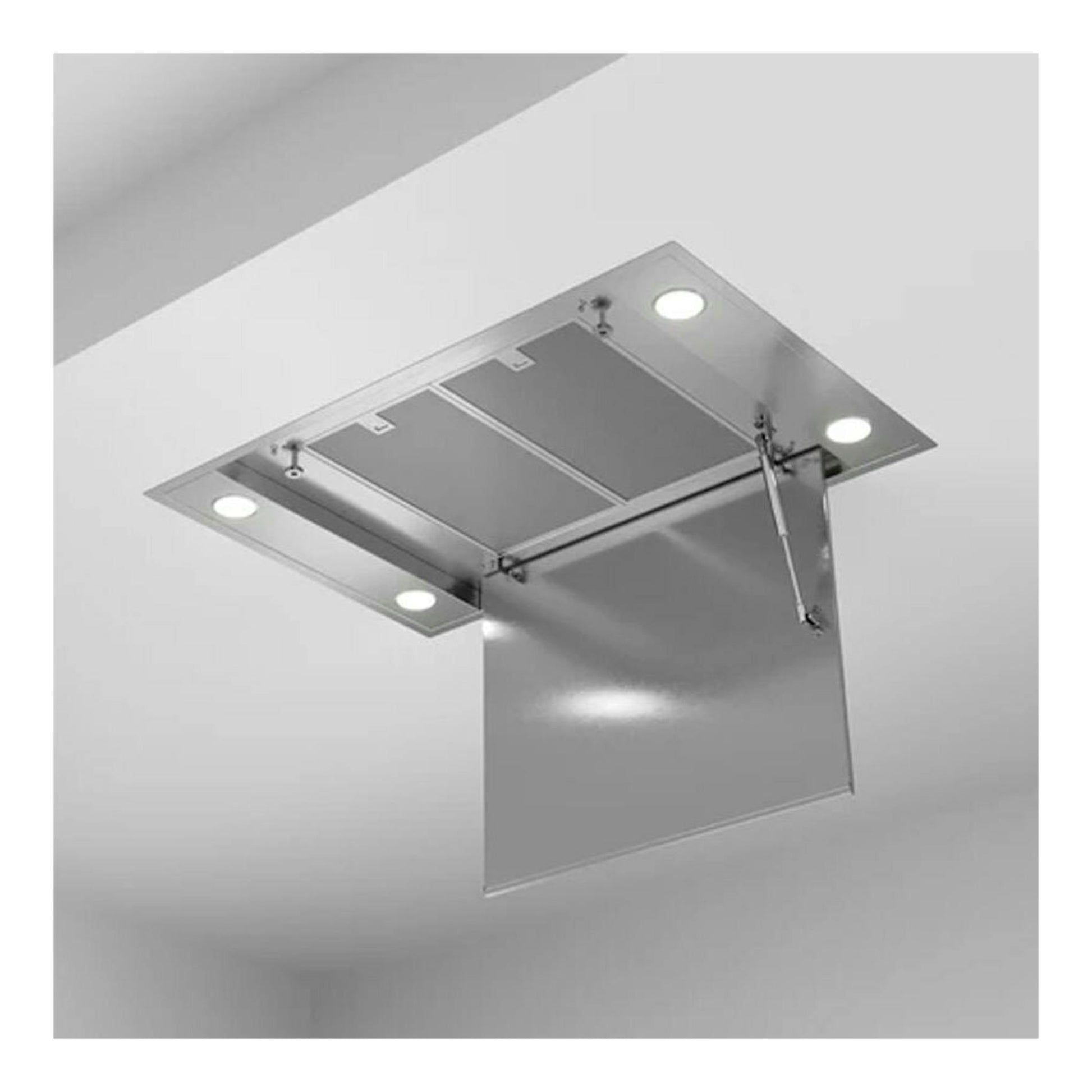 Campana de techo Teka DHT96340 inox, vista inferior con panel frontal abatido y luces integradas.
