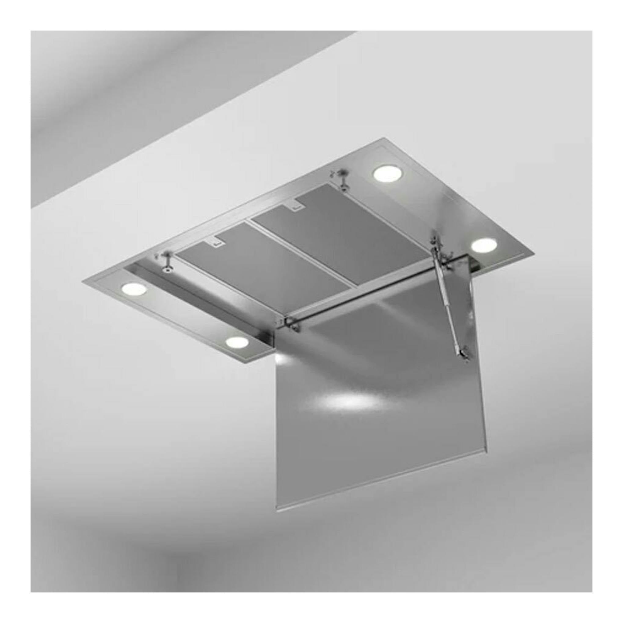 Campana de techo Teka DHT96340 inox, vista inferior con panel frontal abatido y luces integradas.