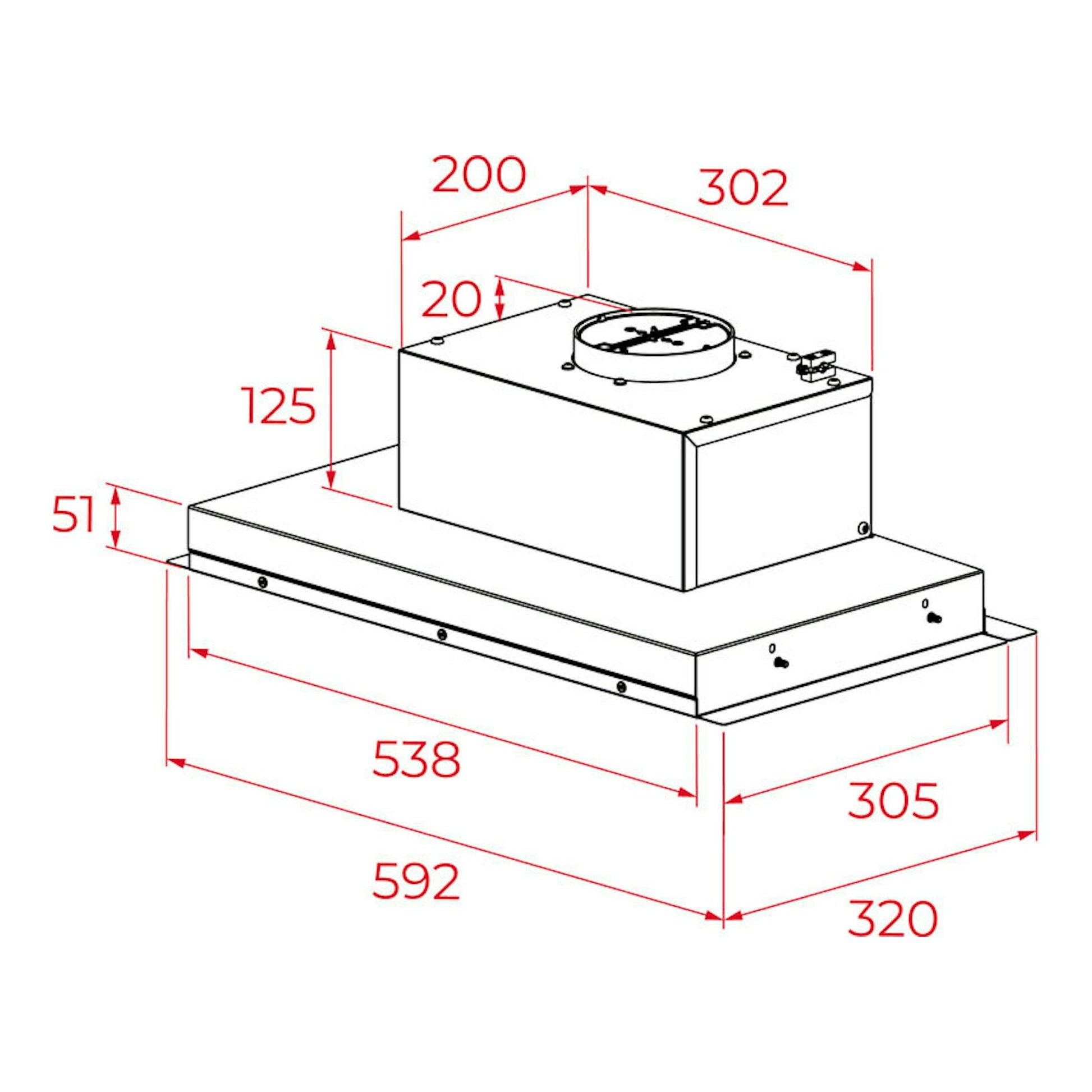 Dibujo técnico de campana integrable Teka GFI63030KOS inox, vista isométrica, con medidas en rojo.