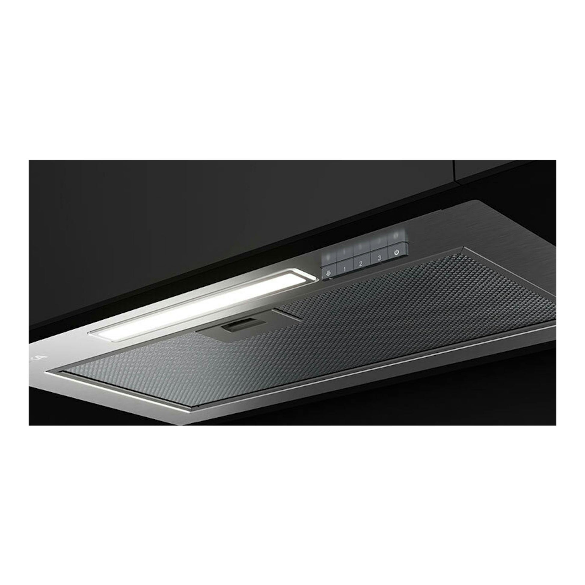Campana integrable Teka GFI63030KOS inox de 60 cm, vista inferior en ángulo, con luz LED y mandos táctiles.
