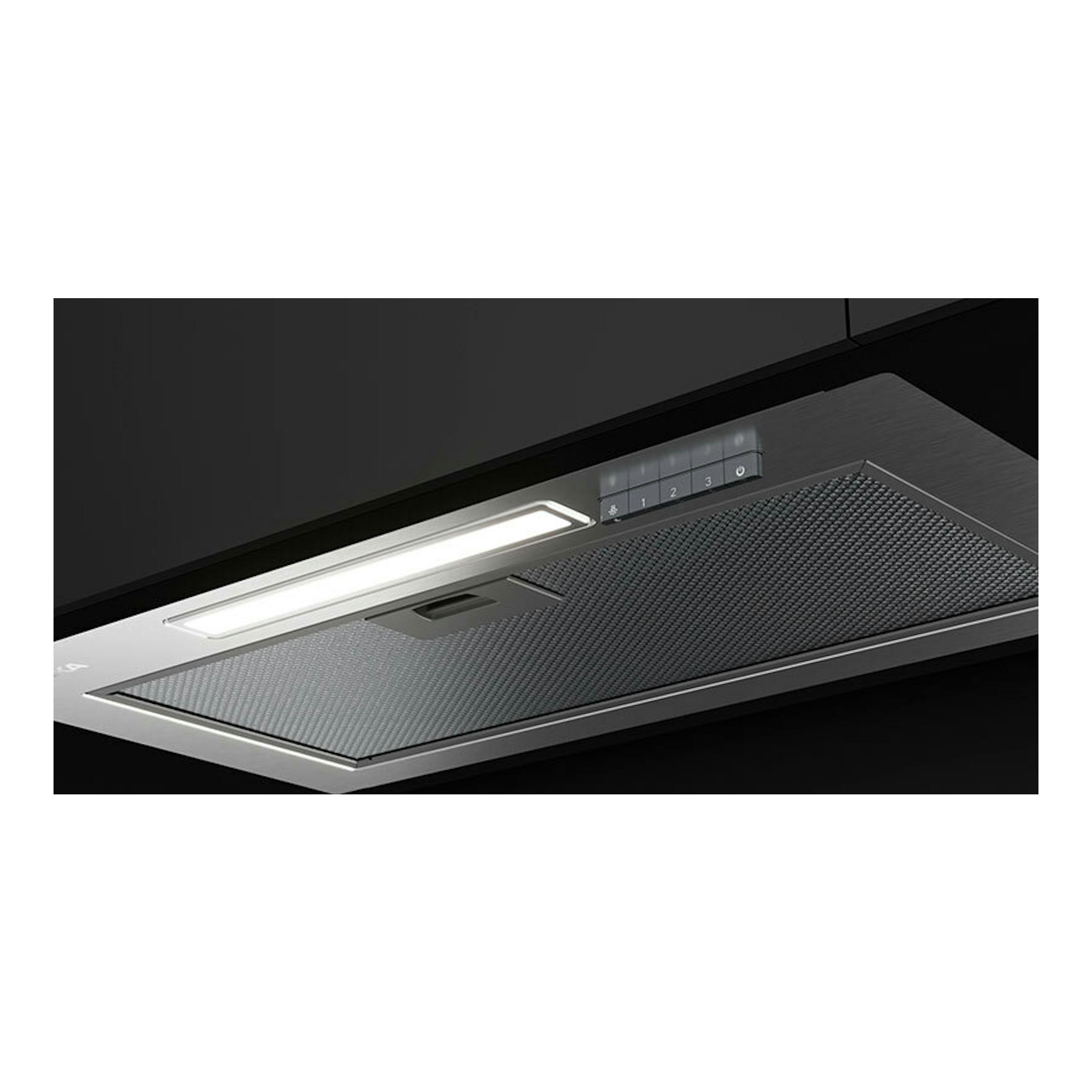 Campana integrable Teka GFI63030KOS inox de 60 cm, vista inferior en ángulo, con luz LED y mandos táctiles.