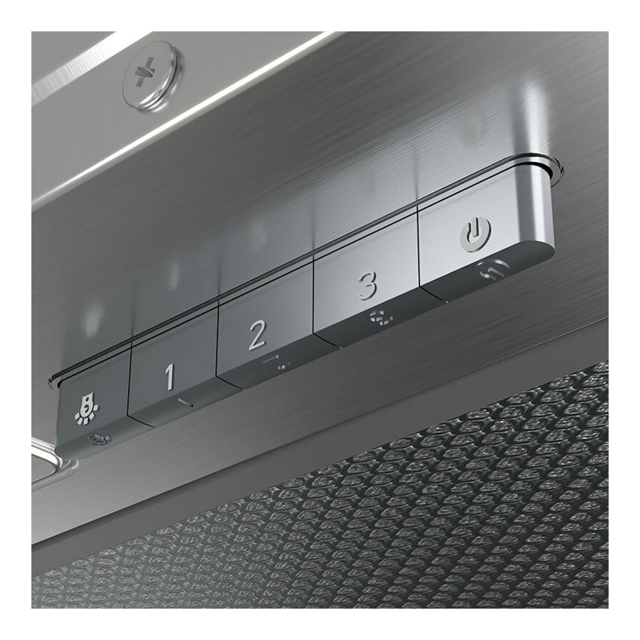 Campana integrable Teka GFI63030KOS de acero inoxidable, vista inferior con controles 1, 2, 3 y encendido.