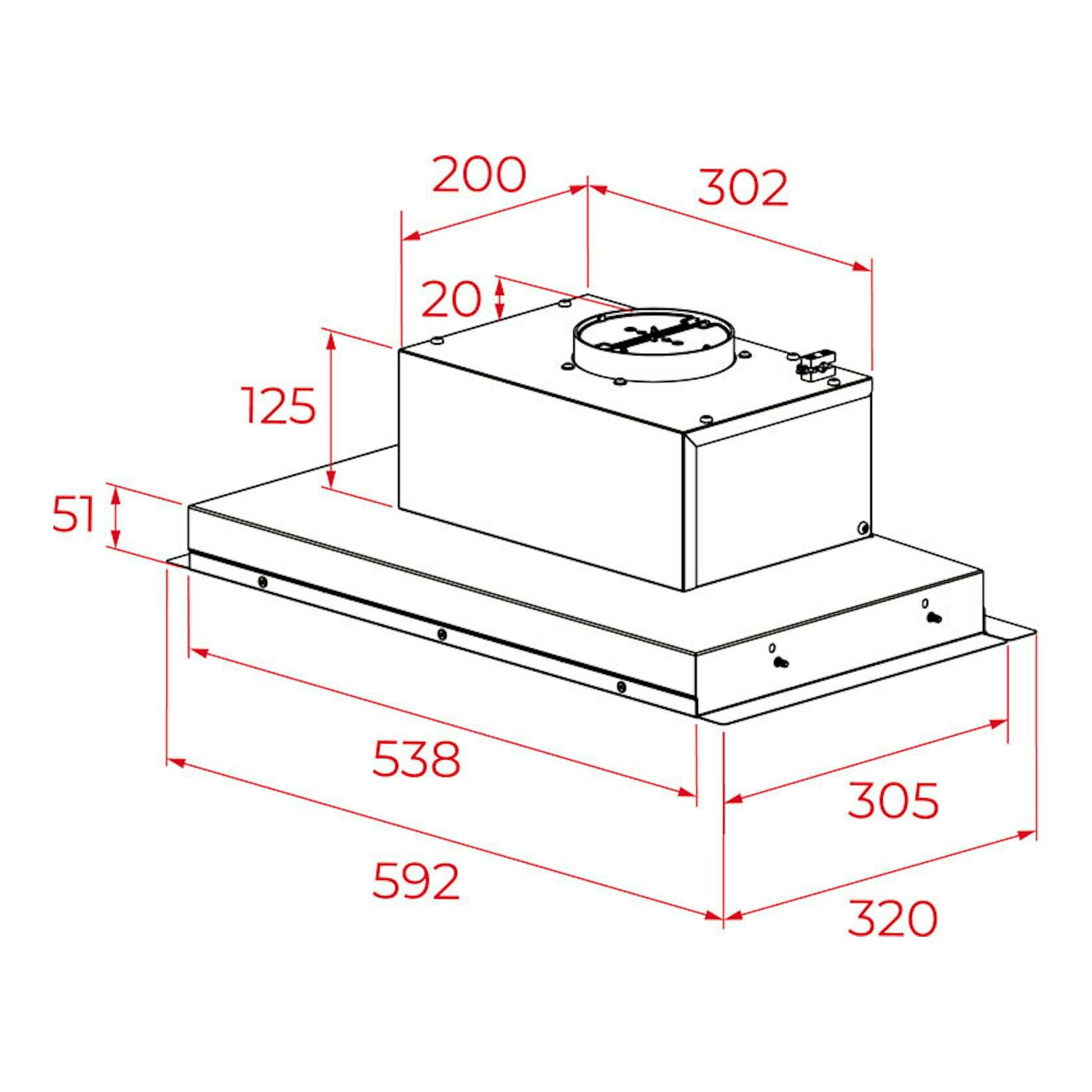 Dibujo técnico en blanco y negro de campana integrable Teka GFI63030KOS, vista isométrica con medidas.