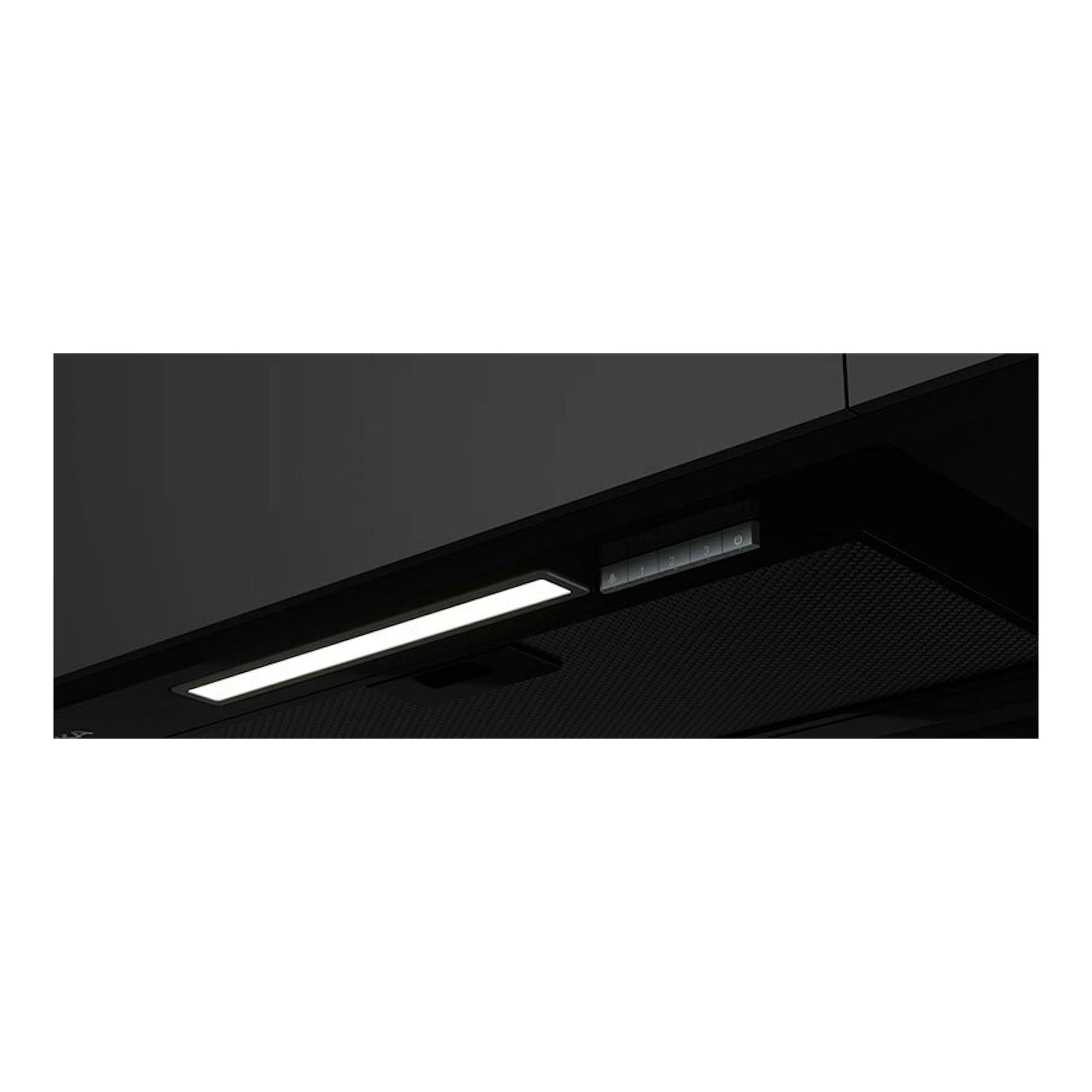 Campana integrable Teka GFI63030KOS negra de 60 cm, vista inferior con luz y panel de controles.