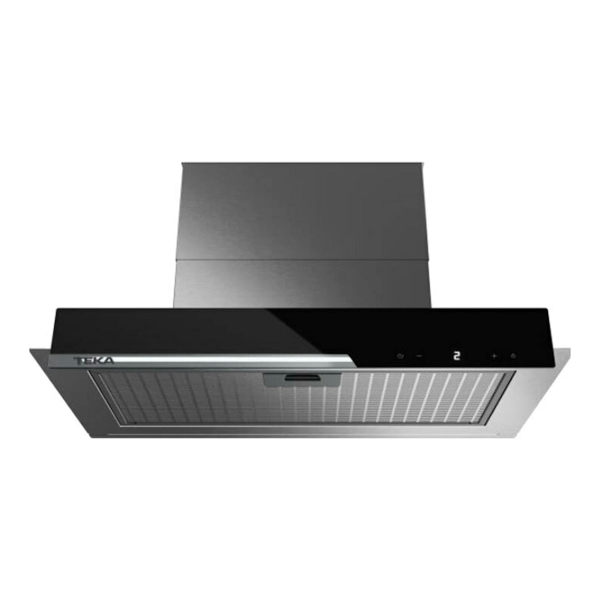 Campana integrable Teka GFI67350EOS en inox y negro, vista frontal inferior, 60 cm.