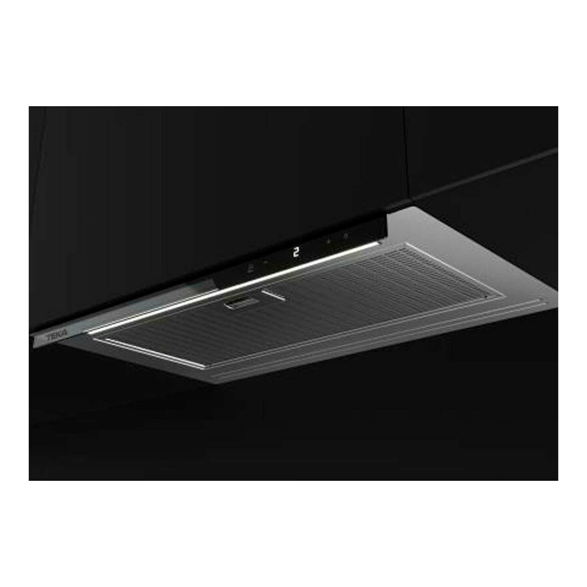 Campana integrable Teka GFI67350EOS en acero inox, vista inferior, con panel negro y luz LED.
