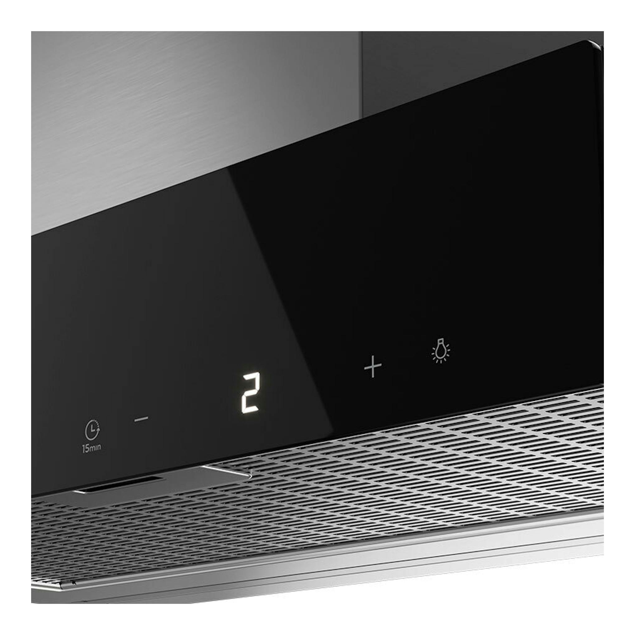 Campana integrable Teka GFI67350EOS en negro e inox, vista frontal parcial con controles táctiles.