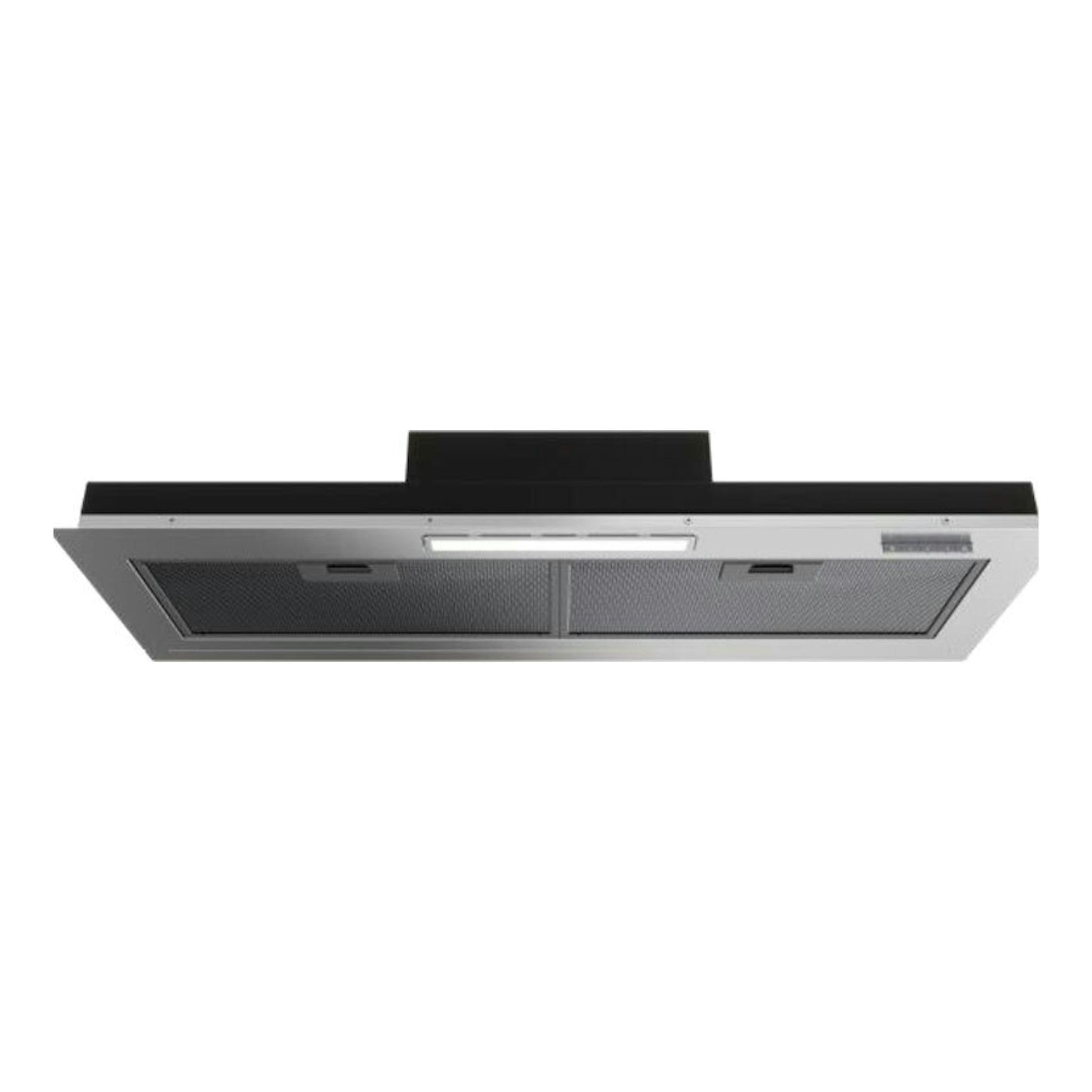 Campana integrable Teka GFI93030KOS inox, vista inferior en ángulo, con filtros metálicos y panel negro.
